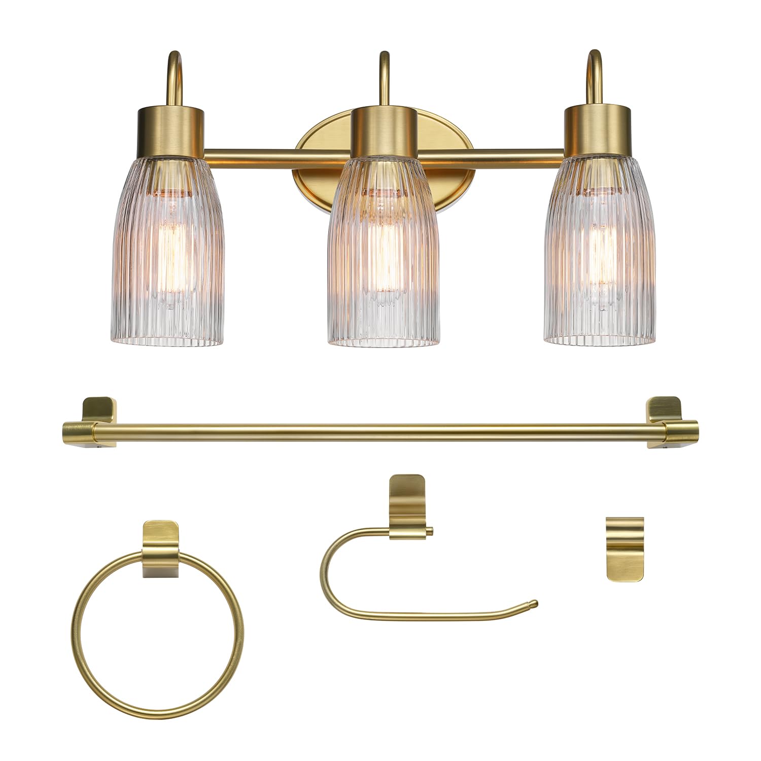 Globe Electric 63000208 5-Piece All-In-One Bathroom Accessory Set With 19'' 3-Light Vanity Light, Matte Brass, Ribbed Glass Shad