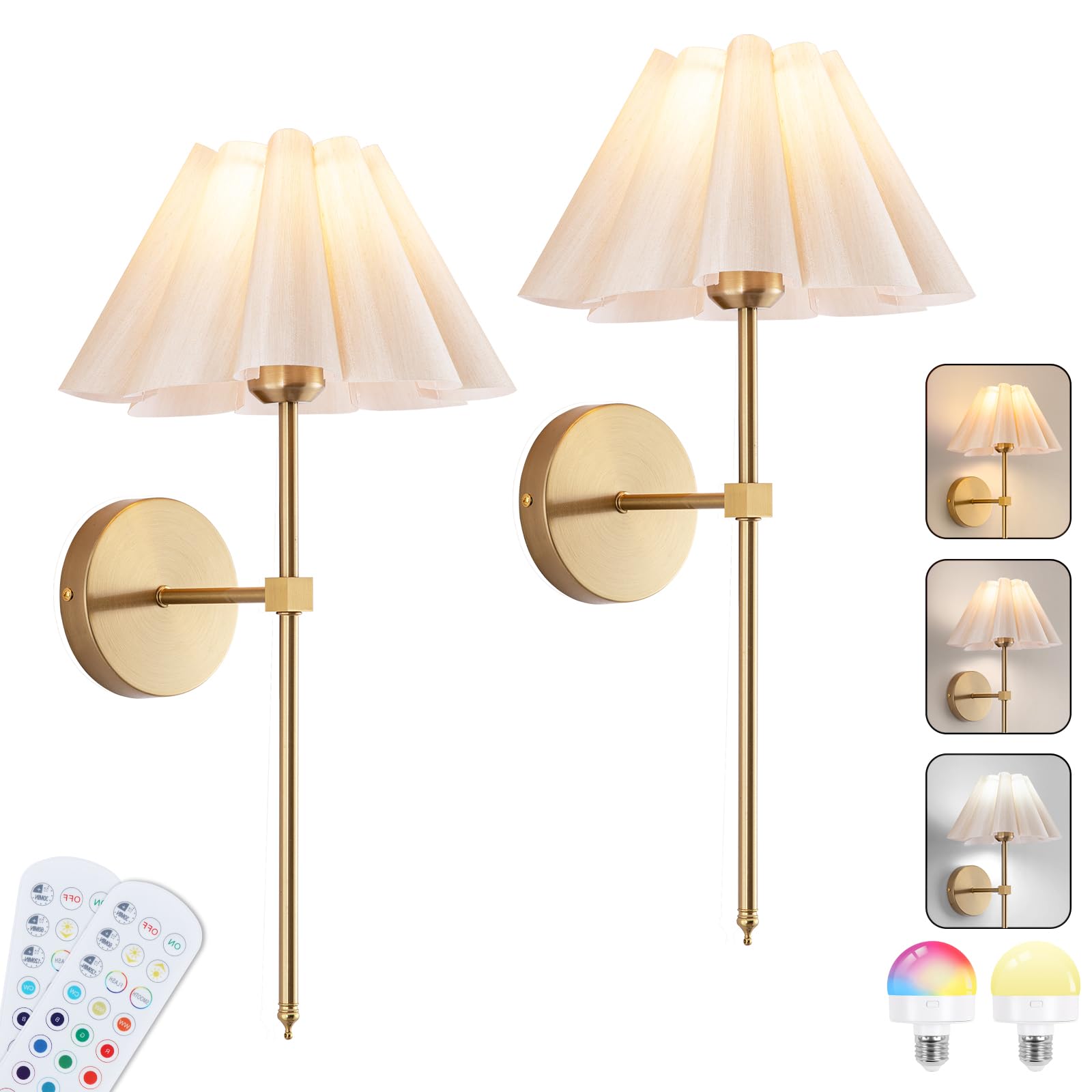 EIDEARAY Battery Operated Wall Sconces Set of 2  Rechargeable RGB Wall Lights  Not Hardwired Wall Lights with Petal Shades  Wireless Wall Lamp with Remote Control for Living Room Corridor Bedroom etc