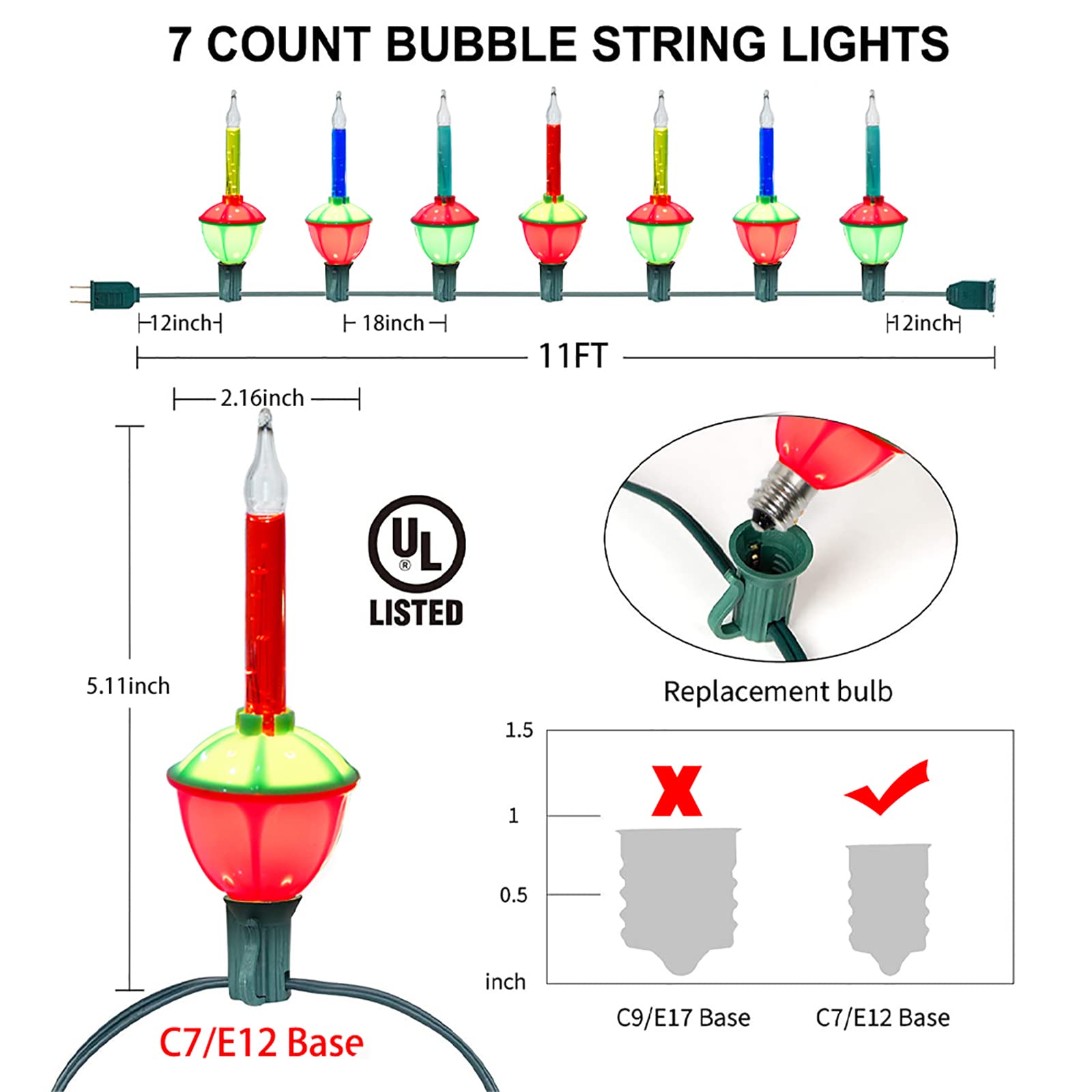 Bokoiuu Vintage Christmas Bubble Lights, 11FT Multicolor String Lights, 8 Glitter Bulbs, C7/E12 Base, Green Wire - 2 Pack