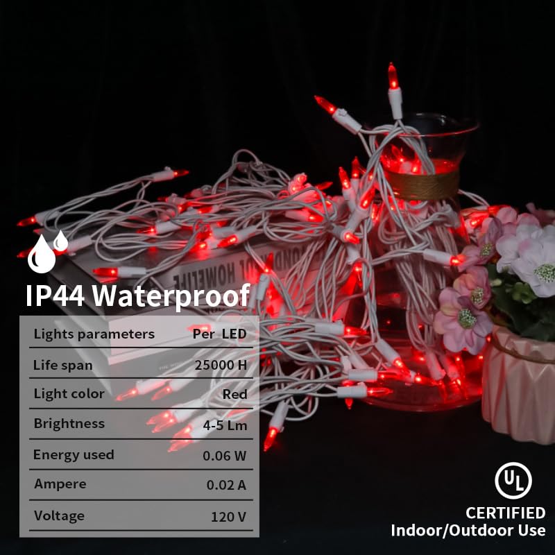 Red Christmas Led Lights - 2 Pack 100 Count Red Christmas String Lights For Tree  Bedroom  Wedding  Indoor/Outdoor Valentines Day Decorations  2 Sets 33 Feet White Wire  Ul Certified  Connectable