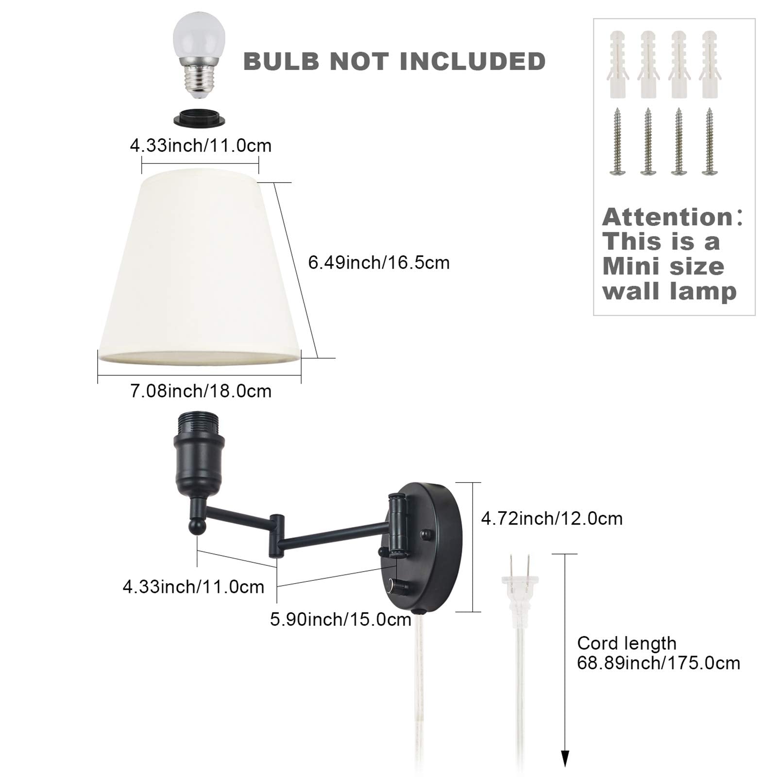 IC INSTANT COACH Swing Arm Wall Lamp - Opaque Ivory Linen Shade, Plug-in, 40W, Black and White