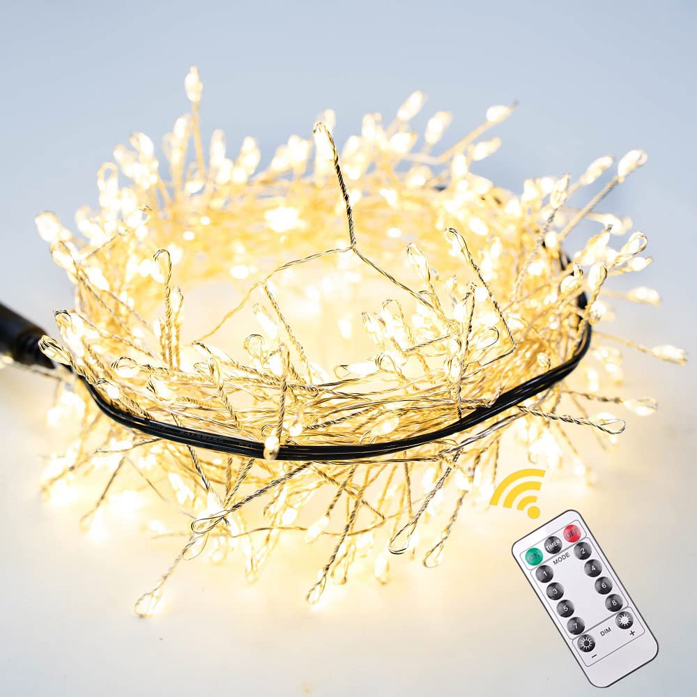 RESNICE 20FT Firecracker String Lights 200 LEDs Warm White Plug in Indoor Silver Wire LED Cluster Fairy Lights with Remote for Christmas Tree,Plant,Bedroom,Garden,Patio,Backyard