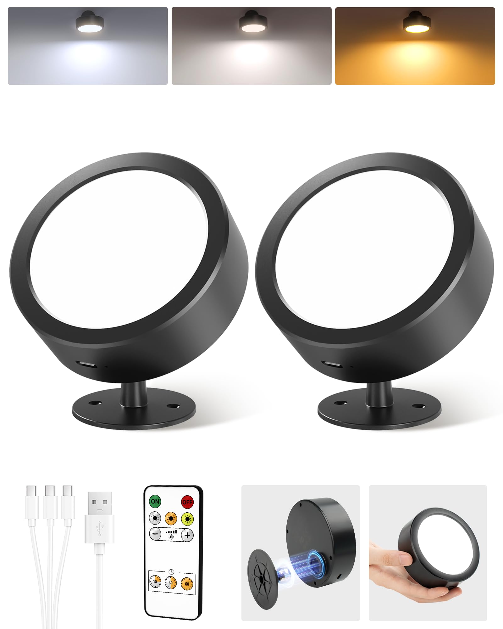 EZVALO LED Wall Mounted Lights, Dimmable, 3 Color Temps, Remote & Touch Control, 2 Pack, Black, Model EZL2404A