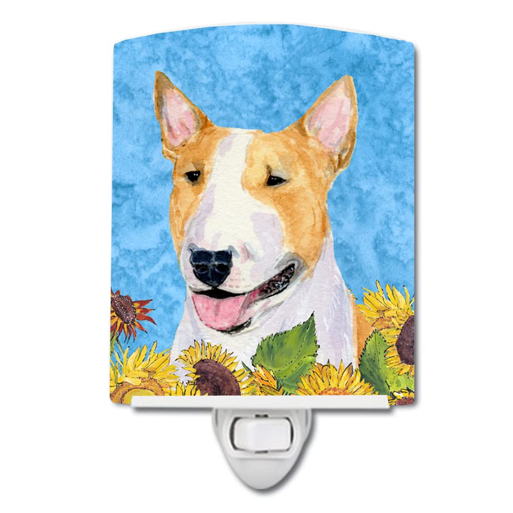 Caroline'S Treasures Ss4129Cnl Bull Terrier In Summer Flowers Ceramic Night Light Compact, Ul-Certified, Ideal For Bedroom, Bathroom, Nursery, Hallway, Kitchen, 6X4X3, Multicolor
