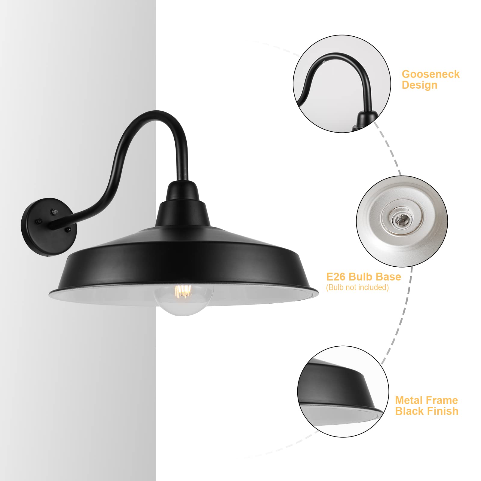 Diyel Dusk To Dawn Gooseneck Barn Lights Outdoor, 16 Inch Dome Large Farmhouse Exterior Light Fixture Wall Mount, Industrial Outdoor Wall Sconce Outside For House, Shop, Porch, Garage,Ddrz020 Bk-4Pack