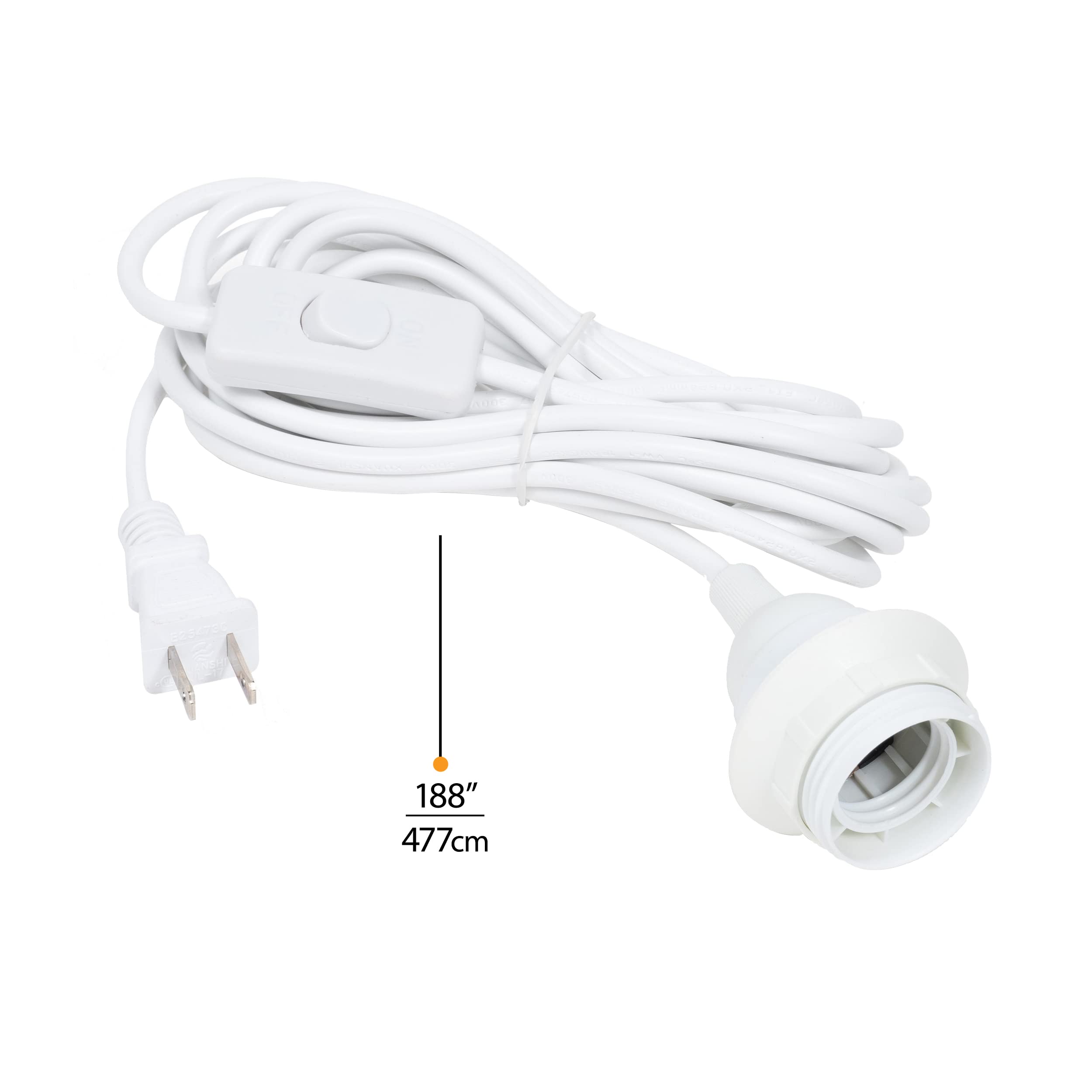 Wallniture Fiore 15ft Hanging Lantern Cord with On/Off Switch, White Plastic Socket Set for Pendant Light Bulbs