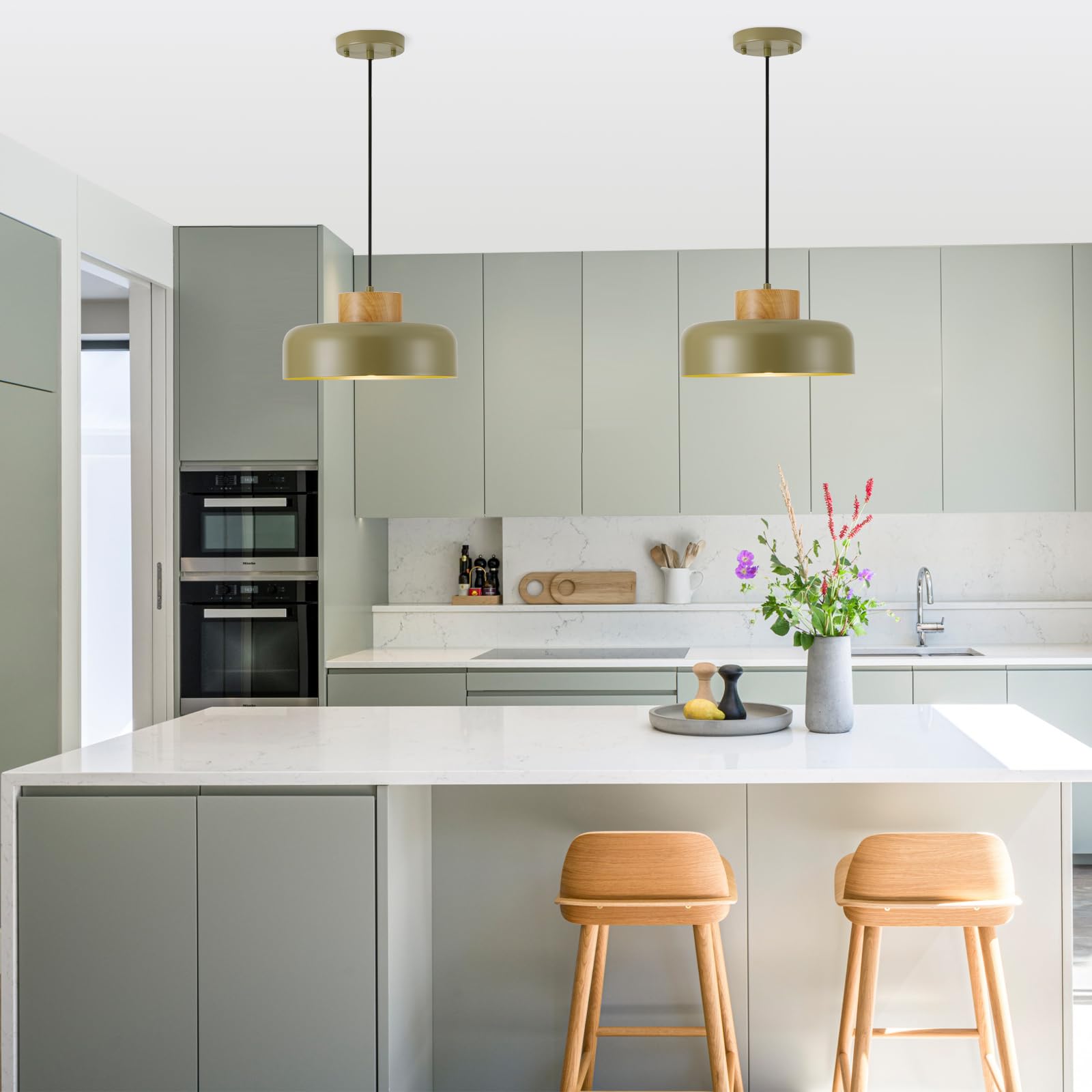 Modern Pendant Lights 12.6 Inch Naturl Wood Adjustable Simple Pendant Lighting For Kitchen  Dining Room  Olive Green