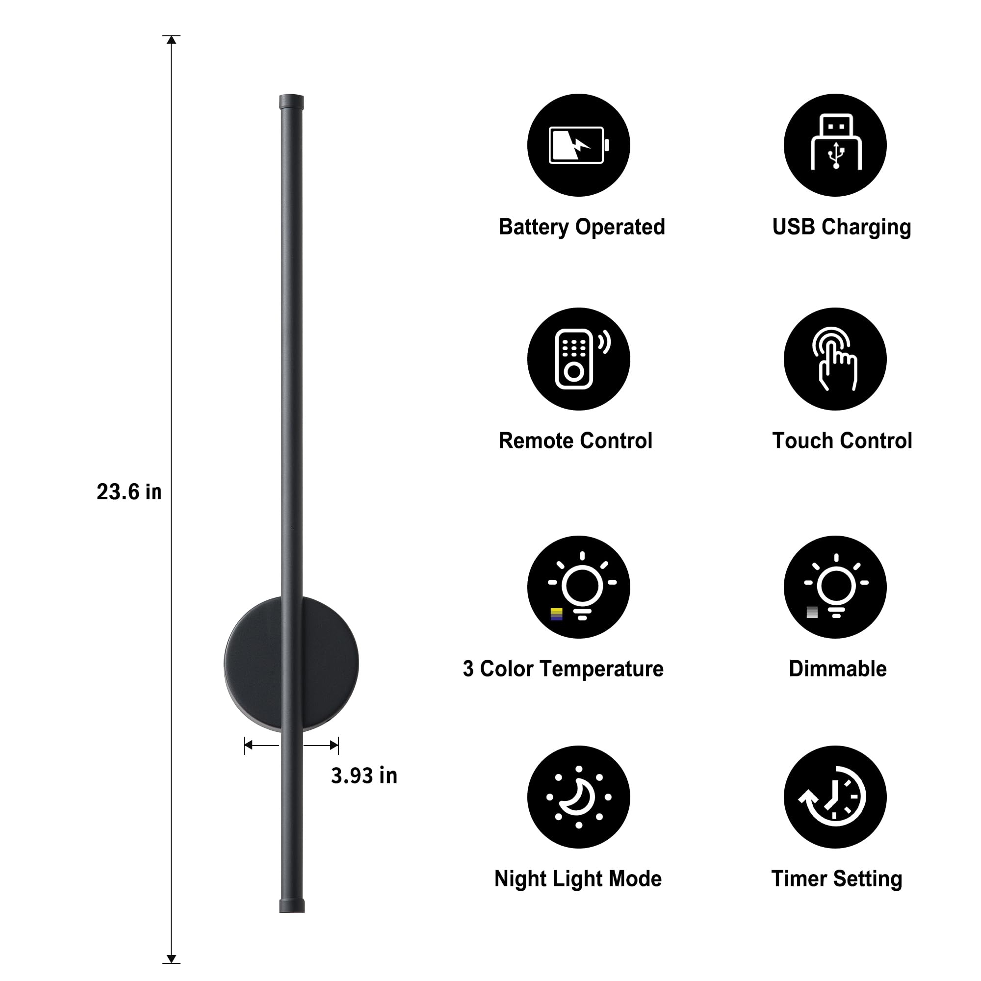 KARTOOSH Battery Operated Wall Sconces, Dimmable LED Light Set of 2, 23.6 Inch, Black, Rechargeable with Remote Control