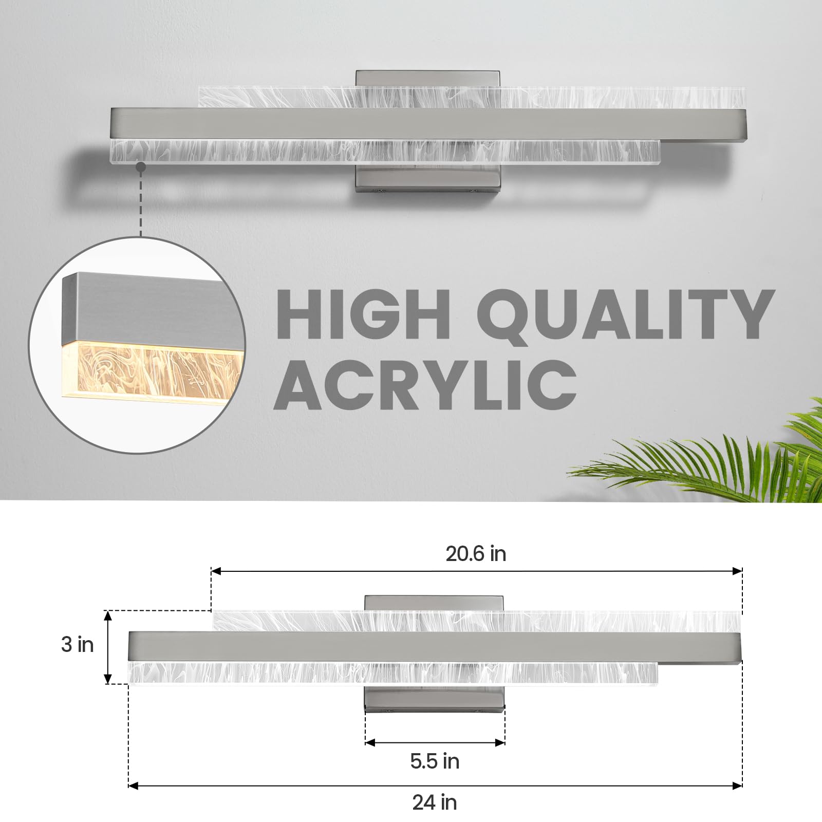 HAHZT Modern Bathroom Vanity Light - 24" Brushed Nickel Dimmable LED Wall Sconce, Model 8075WL, Ideal for Bath & Living Room