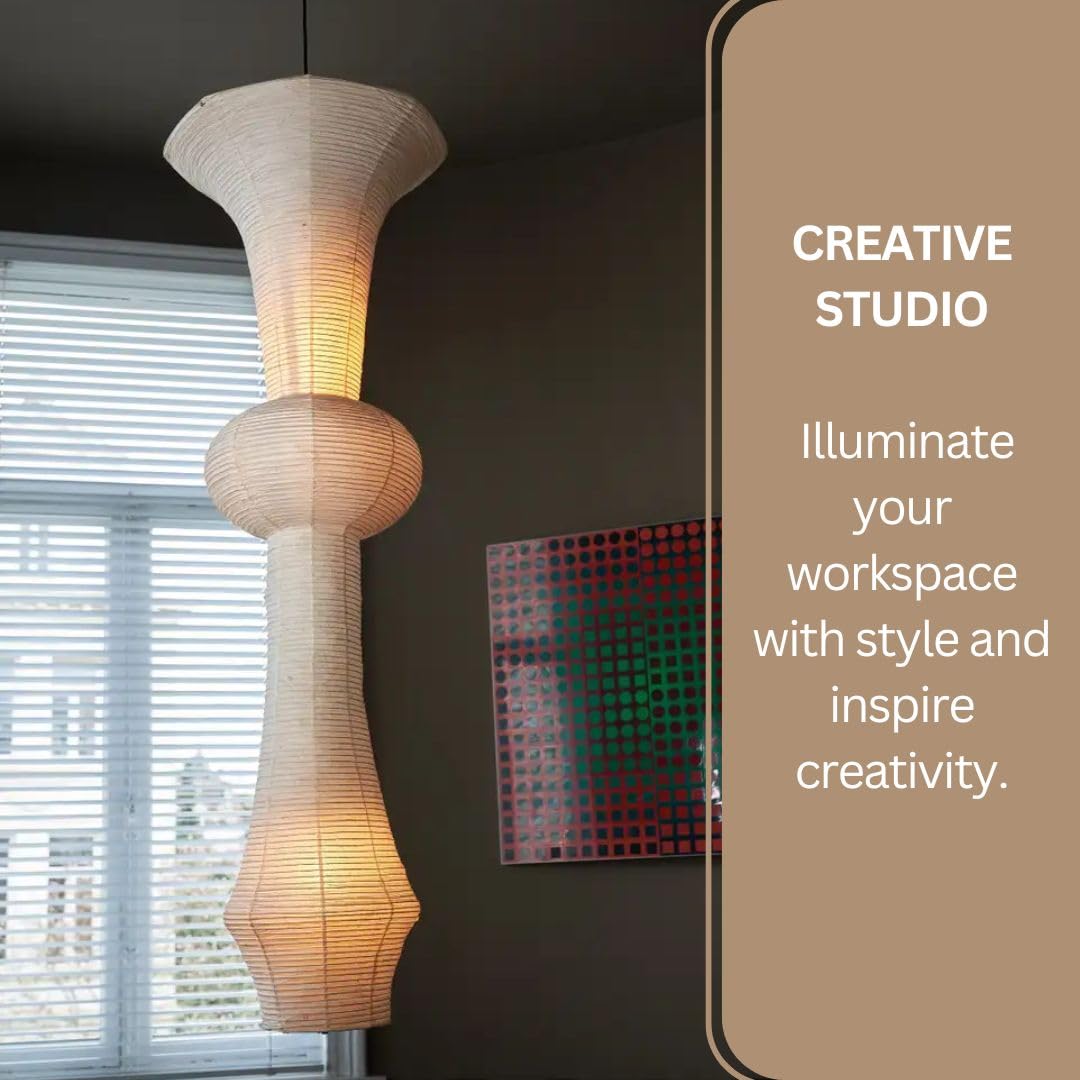 Nogy Large Off-White Paper Pendant Lamp - 15'' X 56'' - Modern Japandi Boho Living Room Pendant Light - 3 Bulbs (3000K) - Touch