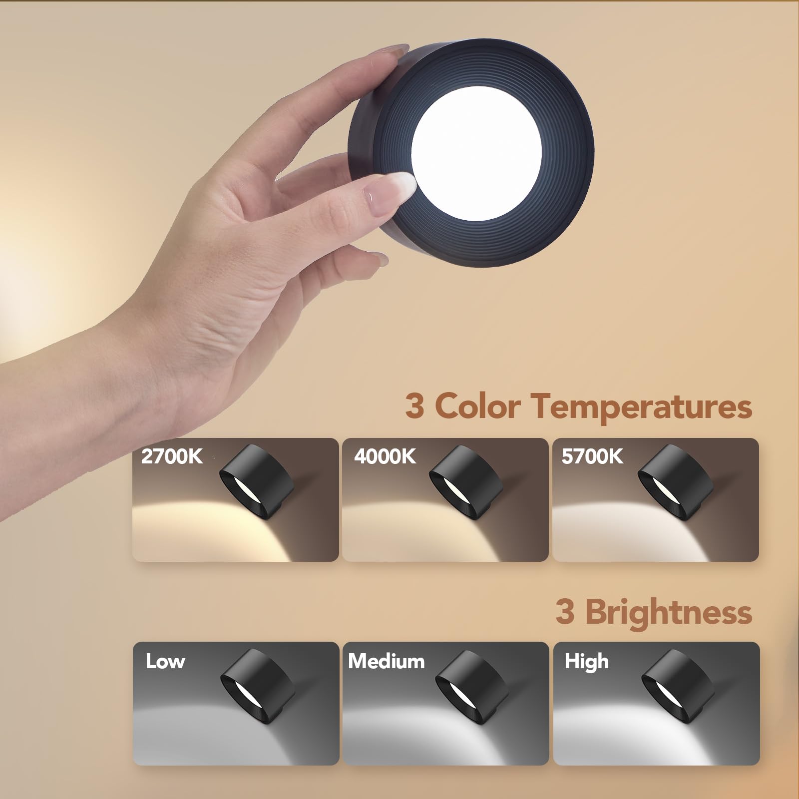 Autoeuropa Battery Operated Wall Sconces, Wireless Rechargeable Led Lights, 3 Color Temperatures & Brightness, 360 Rotatable Mag