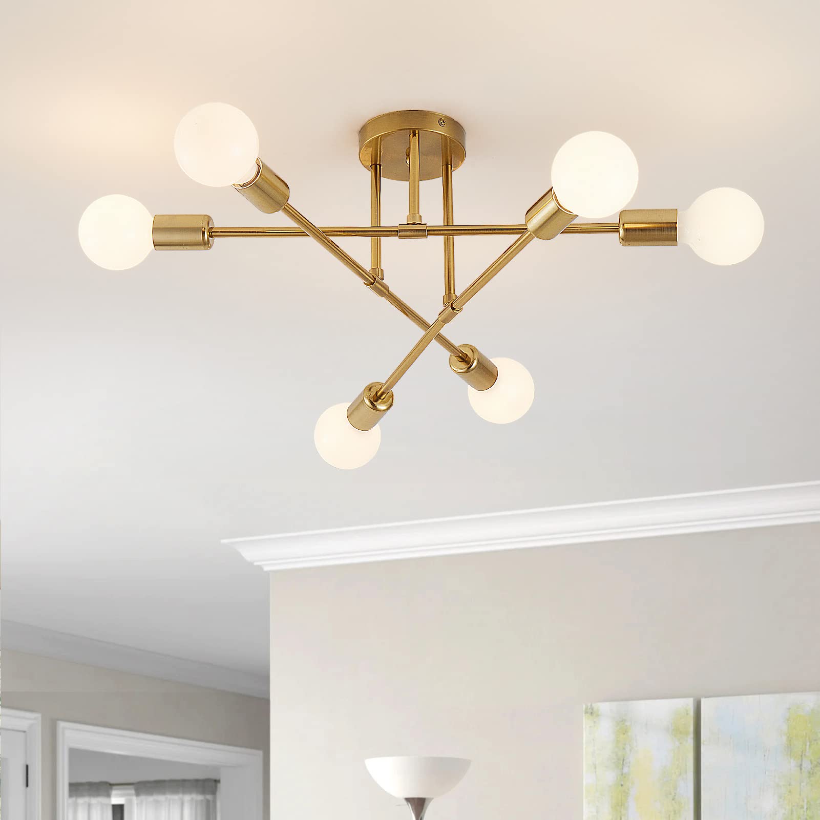 Yxth Gold 6-Light Semi Flush Mount Ceiling Light Fixture, Modern Sputnik Chandelier For Home