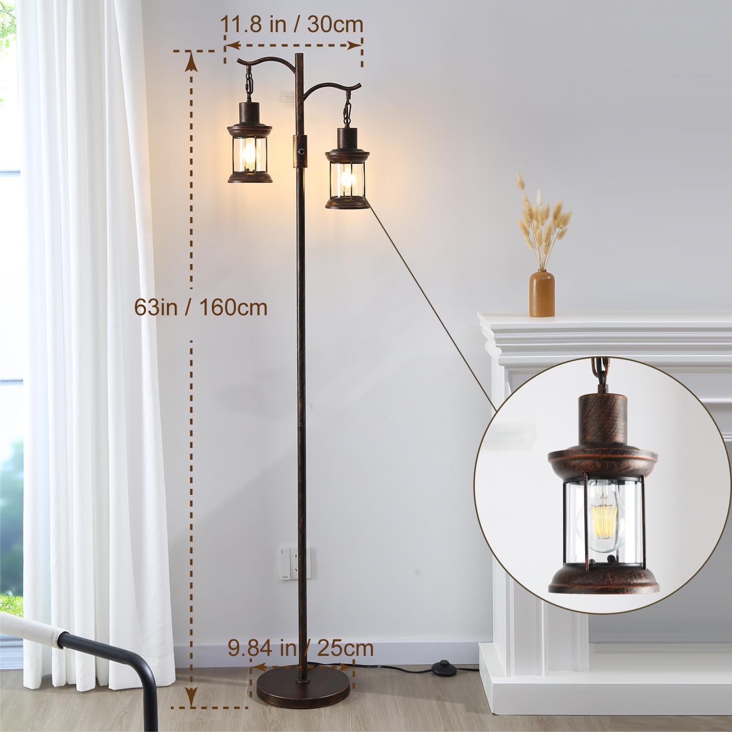 Asmymhd Vintage Dimmable Floor Lamp, Rustic Copper Black Finish, 2 Lanterns, Model F-230912, Ideal for Living Room Decor