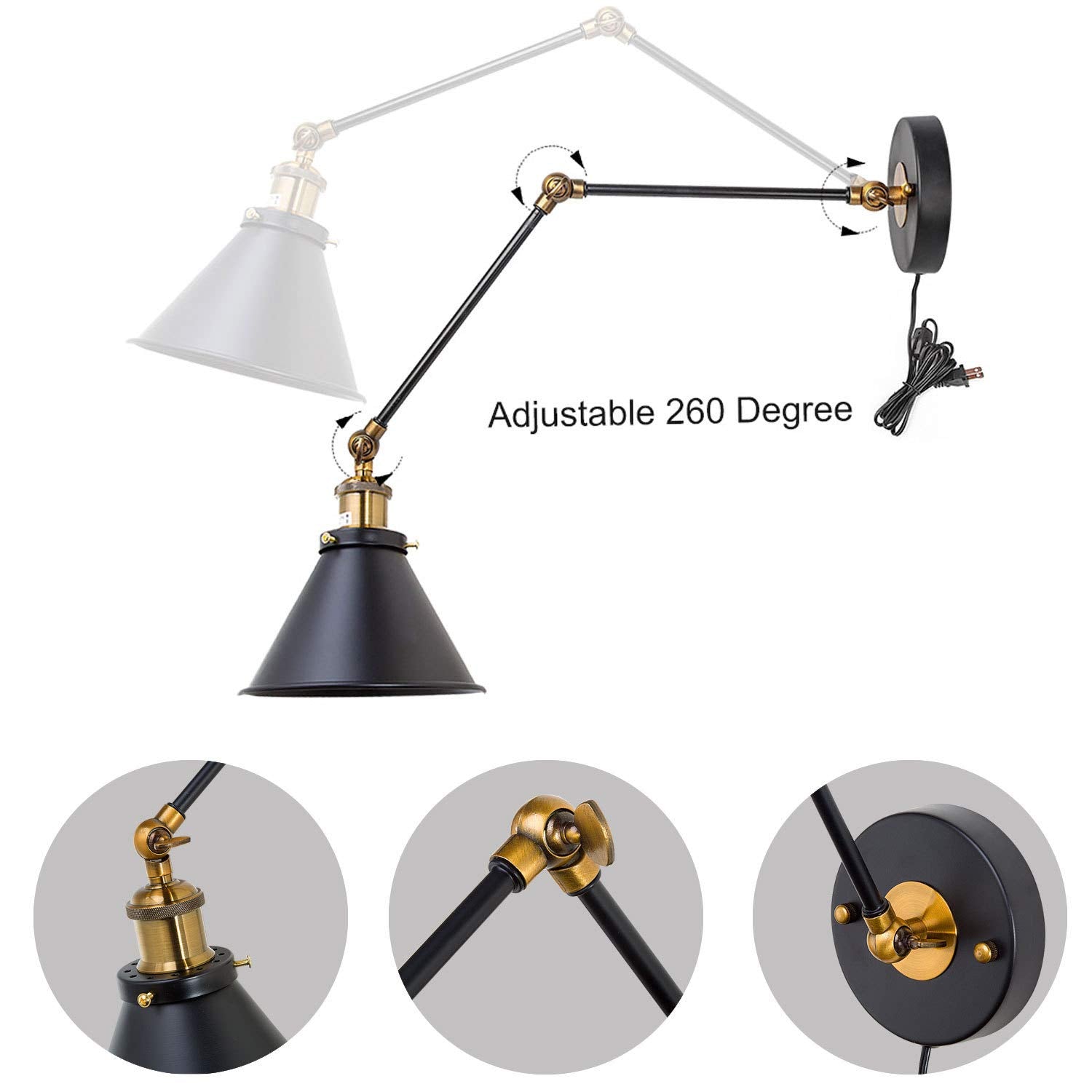 Lnc Black Wall Sconces, Swing Arm Wall Lamp With Antique Brass Finish, Adjustable Plug-In Or Hardwire Light Fixture