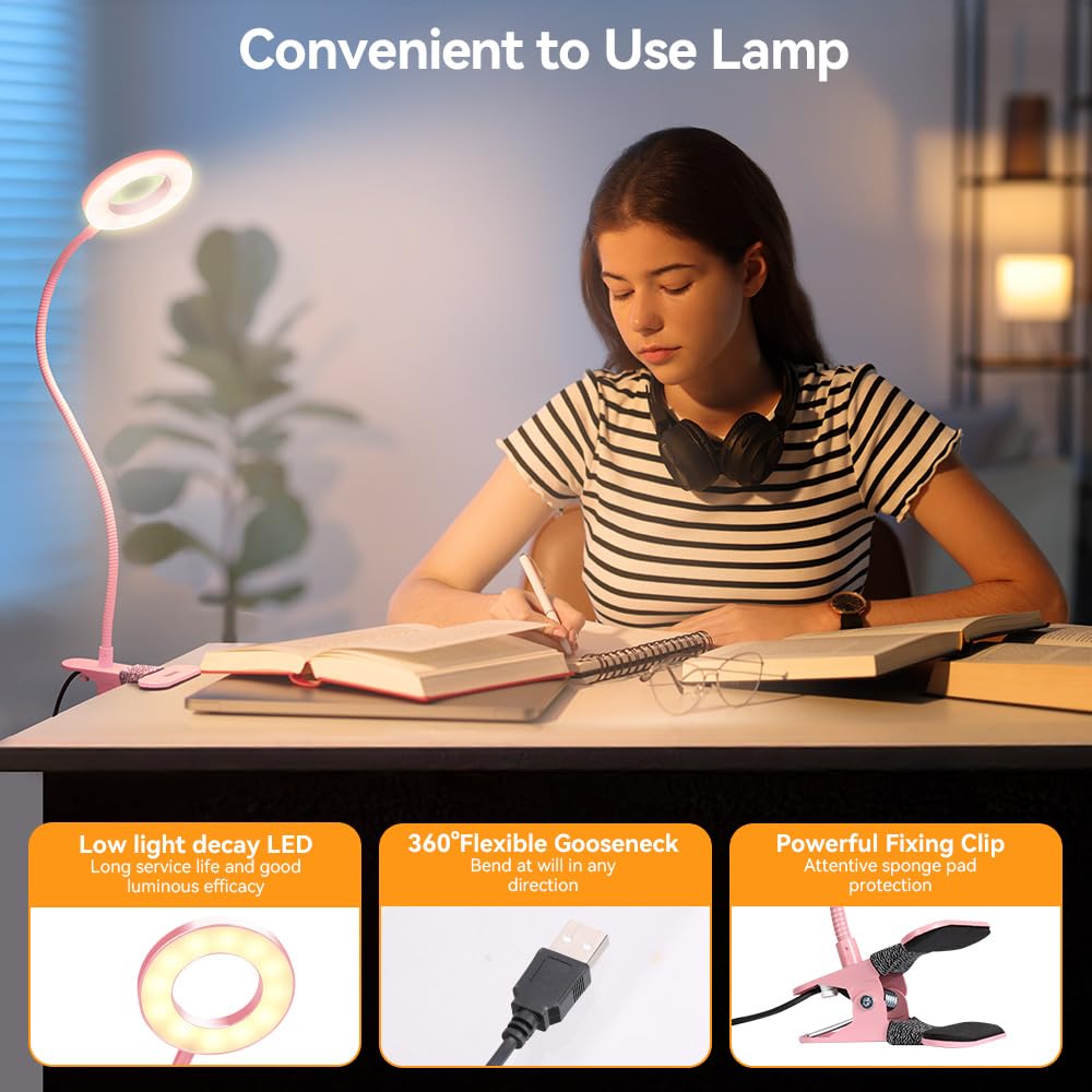 Skymore Desk Clip On Light, [3 Color Modes & 10 Brightness] Led Reading Light With Clamp, Flexible Gooseneck Book Light For Kids