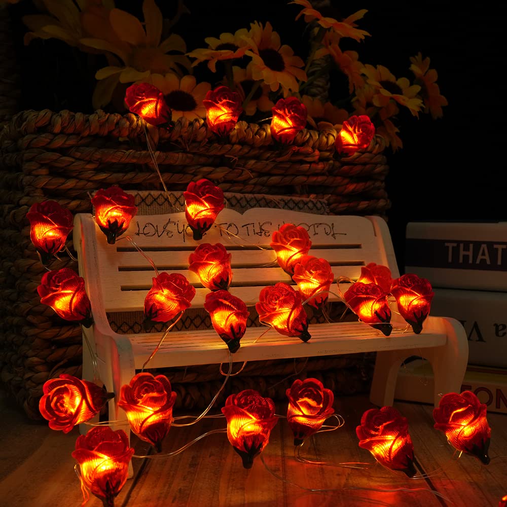Cynzia 40LED Rose Flower String Lights  13FT Battery Operated Fairy Light Romantic Valentines Day Decor  Decorative Fairy Lights for Wedding Indoor Anniversary Home Hanging Party Decoration (Red)