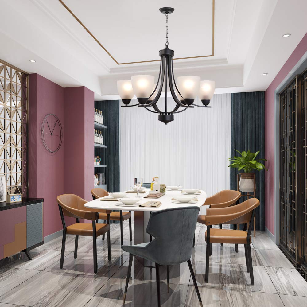 VINLUZ 6 Light Black Contemporary Chandelier Pendant Light, Metal Flush Mount Ceiling Fixture for Dining Room, Model 355-6-11