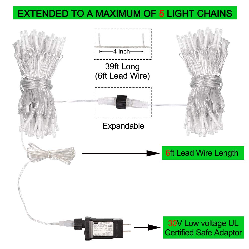 Mygoto 33Ft 100 Leds String Lights Waterproof Fairy Lights 8 Modes With Memory 30V Ul Certified Power Supply For Home, Garden, W