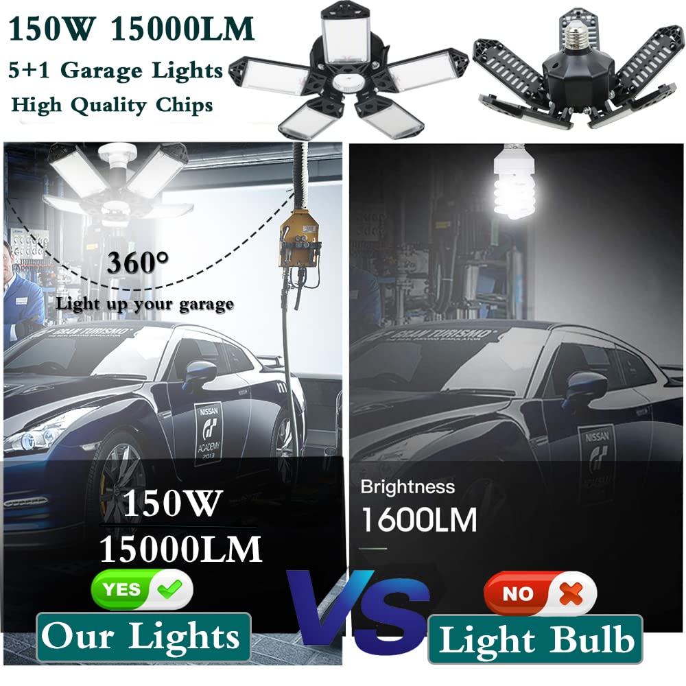 160W Led Garage Light 6Pack, 16000 Lumen Ceiling Lights With 5+1 Adjustable Panels, 6500K Daylight Light Bulb Fixture Led Lights
