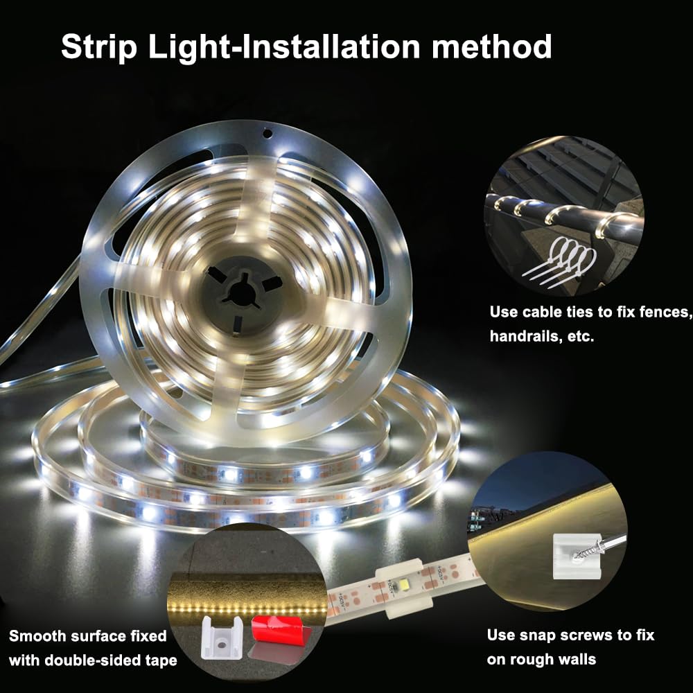 BMTJOVO Solar LED Strip Lights, 9.8ft White Waterproof Outdoor Lights with Remote, Timer, 8 Modes, Model BMT03-W