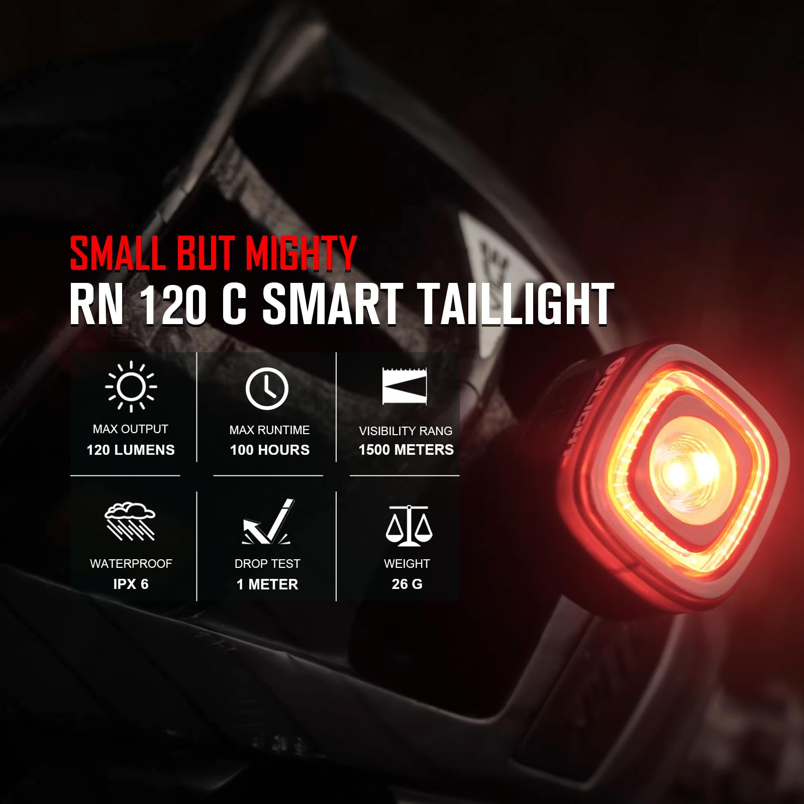 OLIGHT RN 120 C Bike Tail Light - 120 Lumens, 260° Visibility, Rechargeable, IPX6 Waterproof, Black, Model 300000-RN120-BK