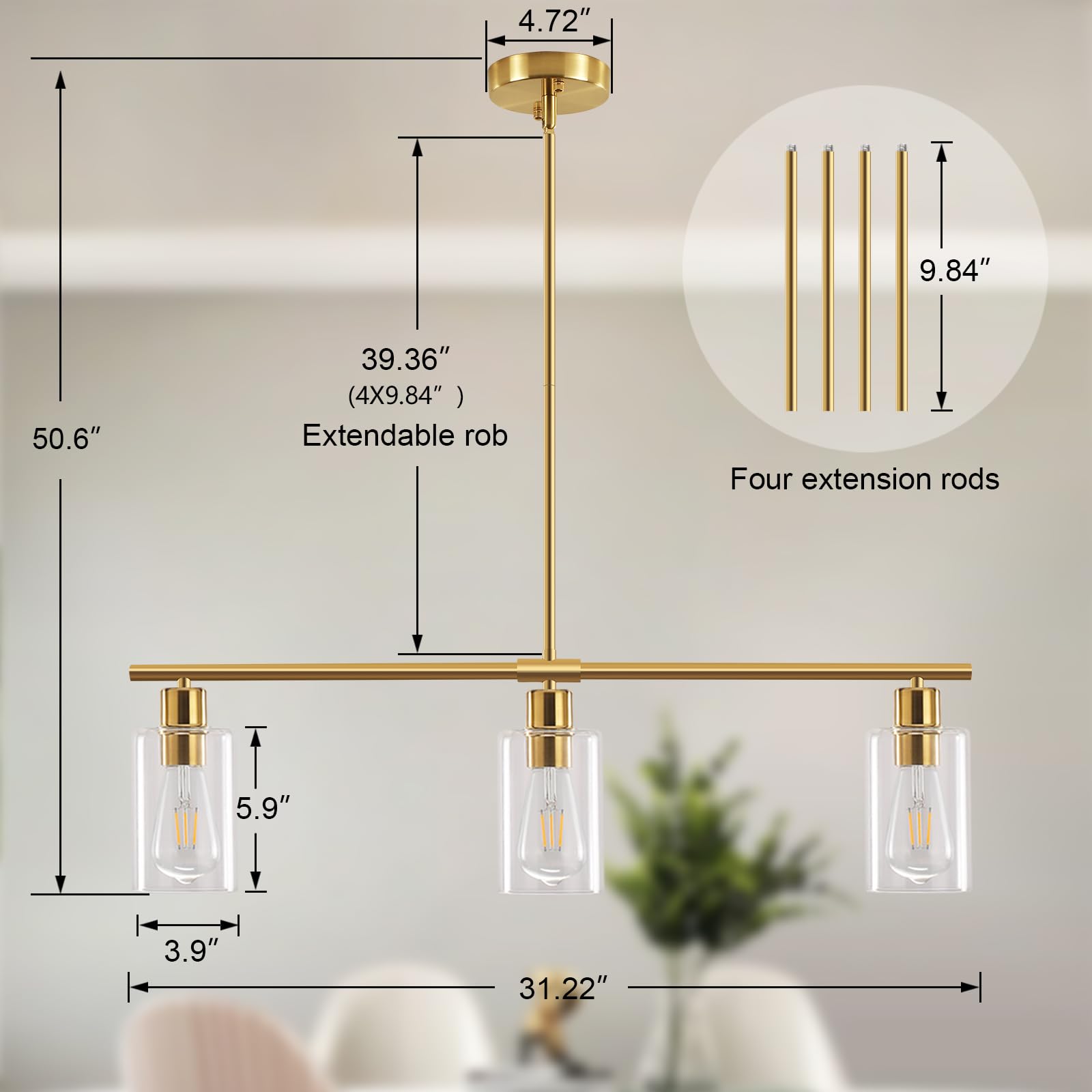 Yarlkav 3-Light Kitchen Island Lighting - Gold Metal Linear Chandelier with Glass Shades, Model D0068-3-BR for Dining Room