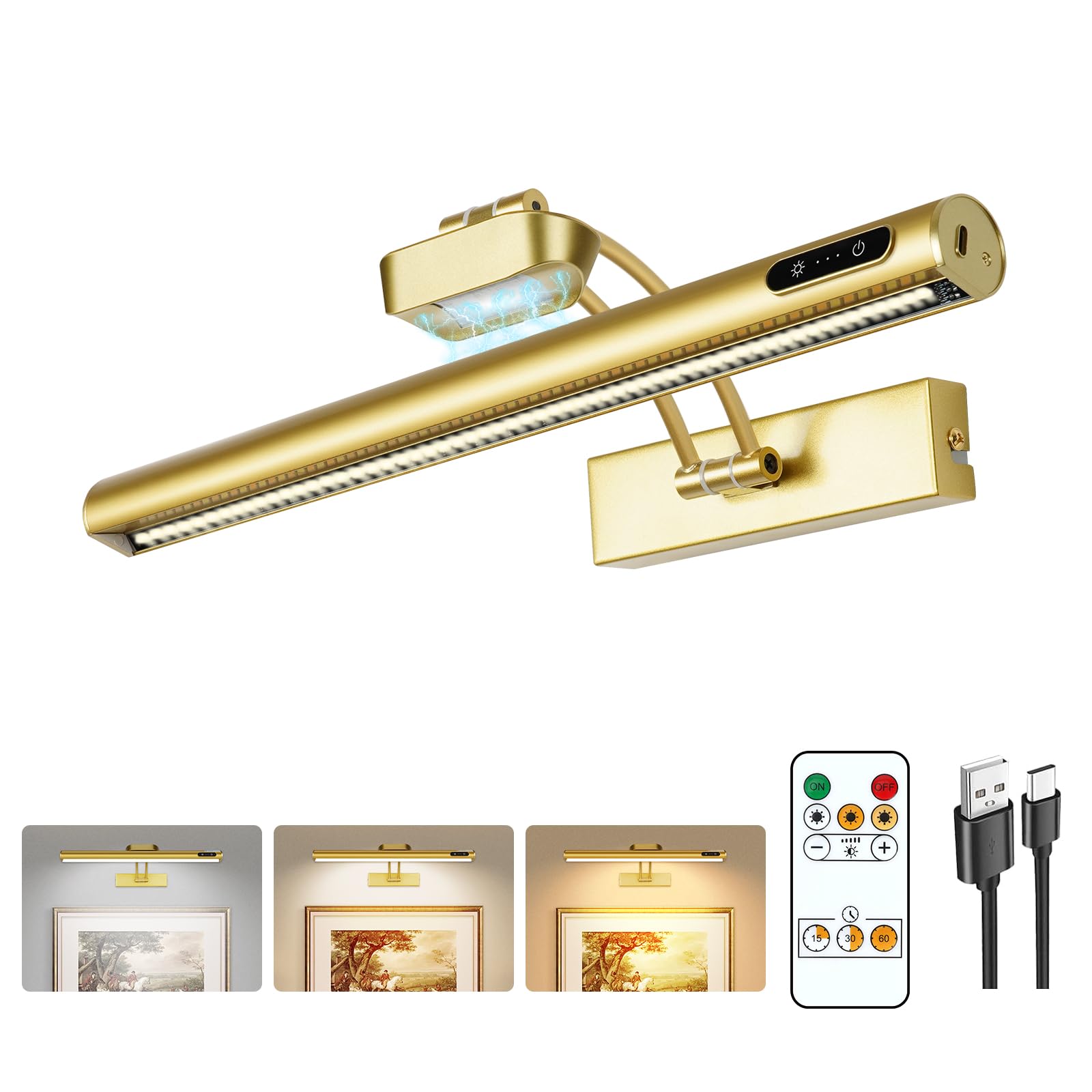 Magnetic Wireless Picture Light Rechargeable Battery Operated with Remote/Touch Control/Timer, Angle Adjustable 16in Metal Paint