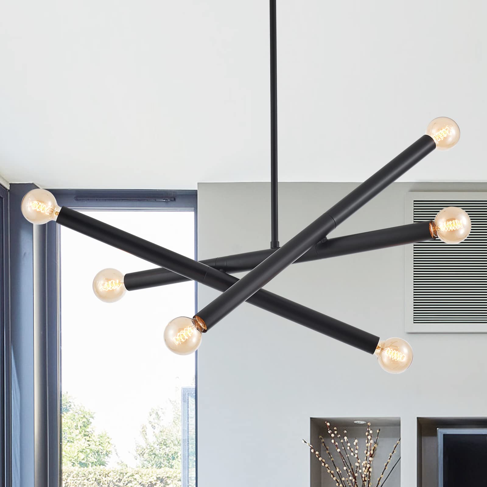 Vanzarla Black Sputnik Chandelier For Dining Room, Modern Pendant Light Kitchen, 6-Light Adjustable Hanging Light Fixture For En