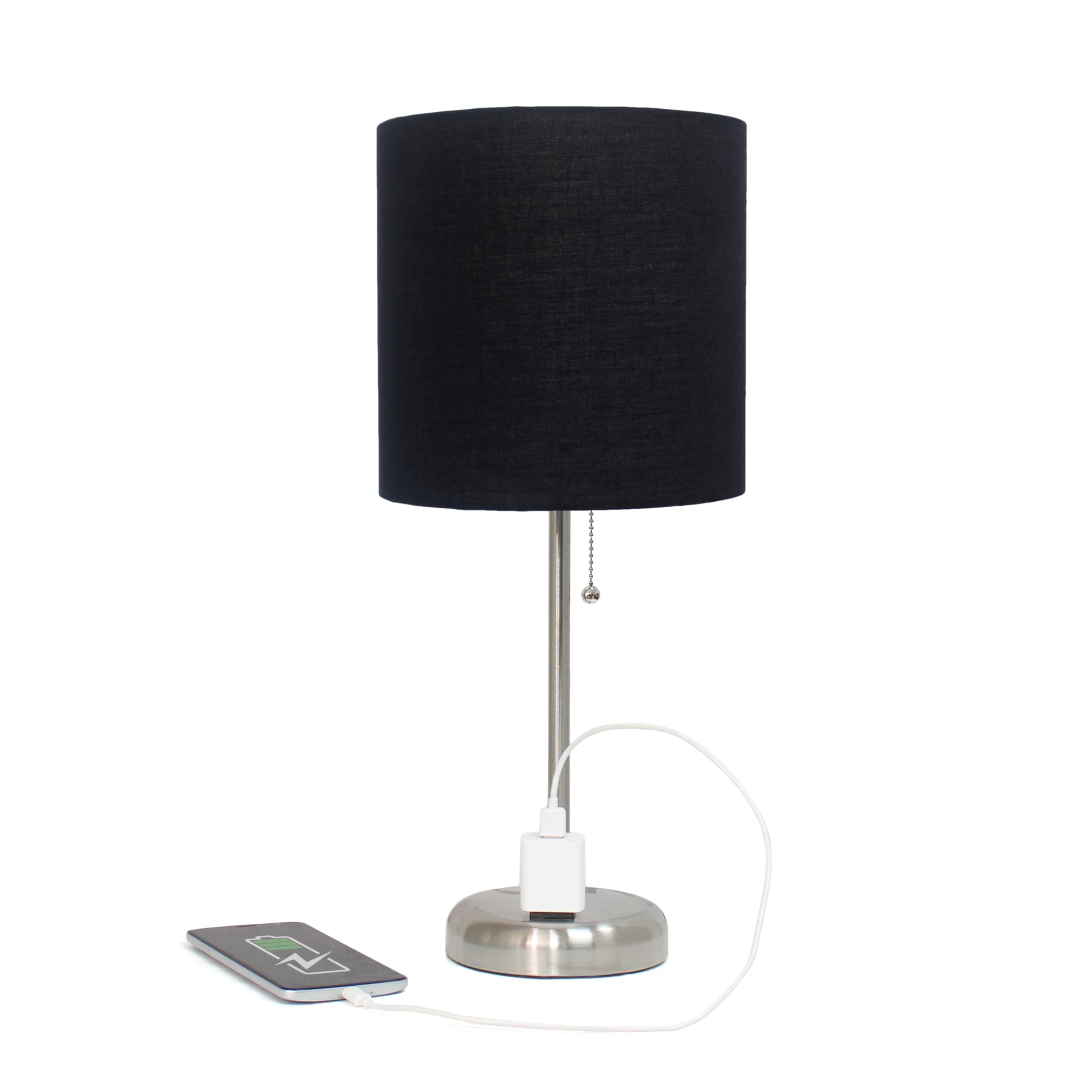 Simple Designs LT1144-BLK Sleek and Slender Brushed Steel Table Lamp with Charging Outlet, for Bedroom, Living Room, Entryway, Office, Dining Room, Study, Black Shade