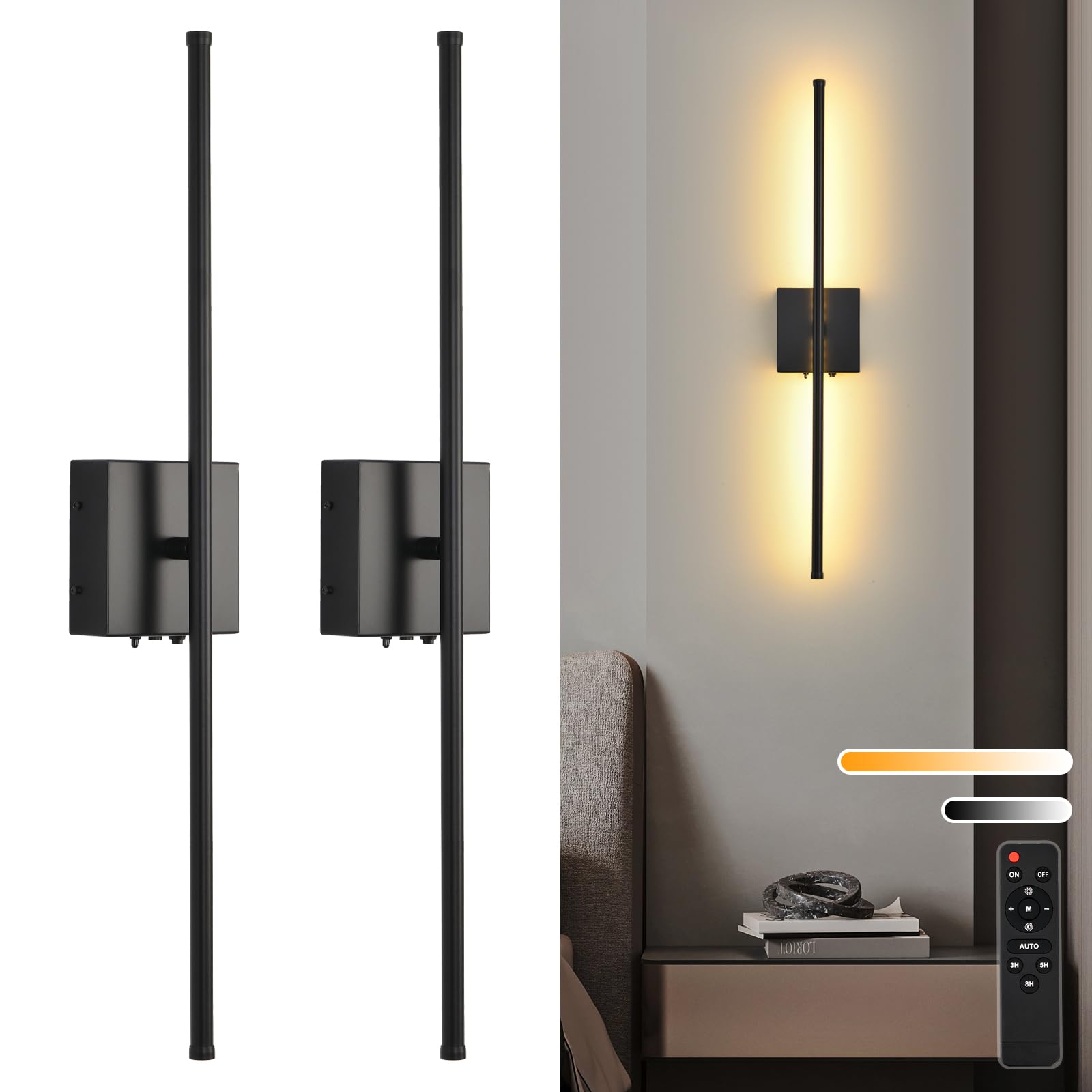 Battery Operated Wall Sconces With Remote Control, 11000Mah Led Wireless Rechargeable Black Wall Lights, 350Rotate Dimmable Wall