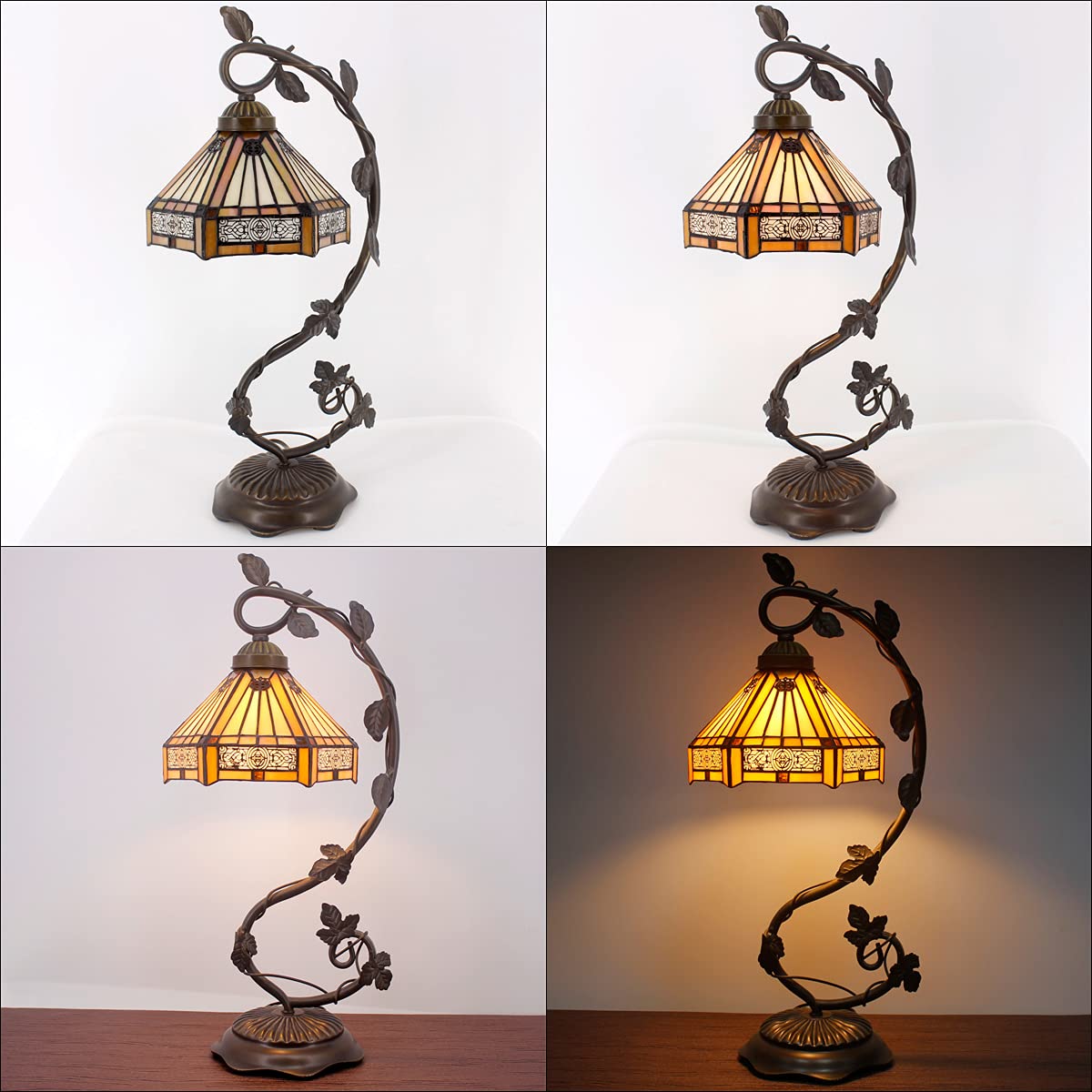 WERFACTORY Tiffany Lamp Stained Glass Table Lamp, Yellow Hexagon Mission, 8X10X21 Inches, Metal Leaf Base, S011 Series