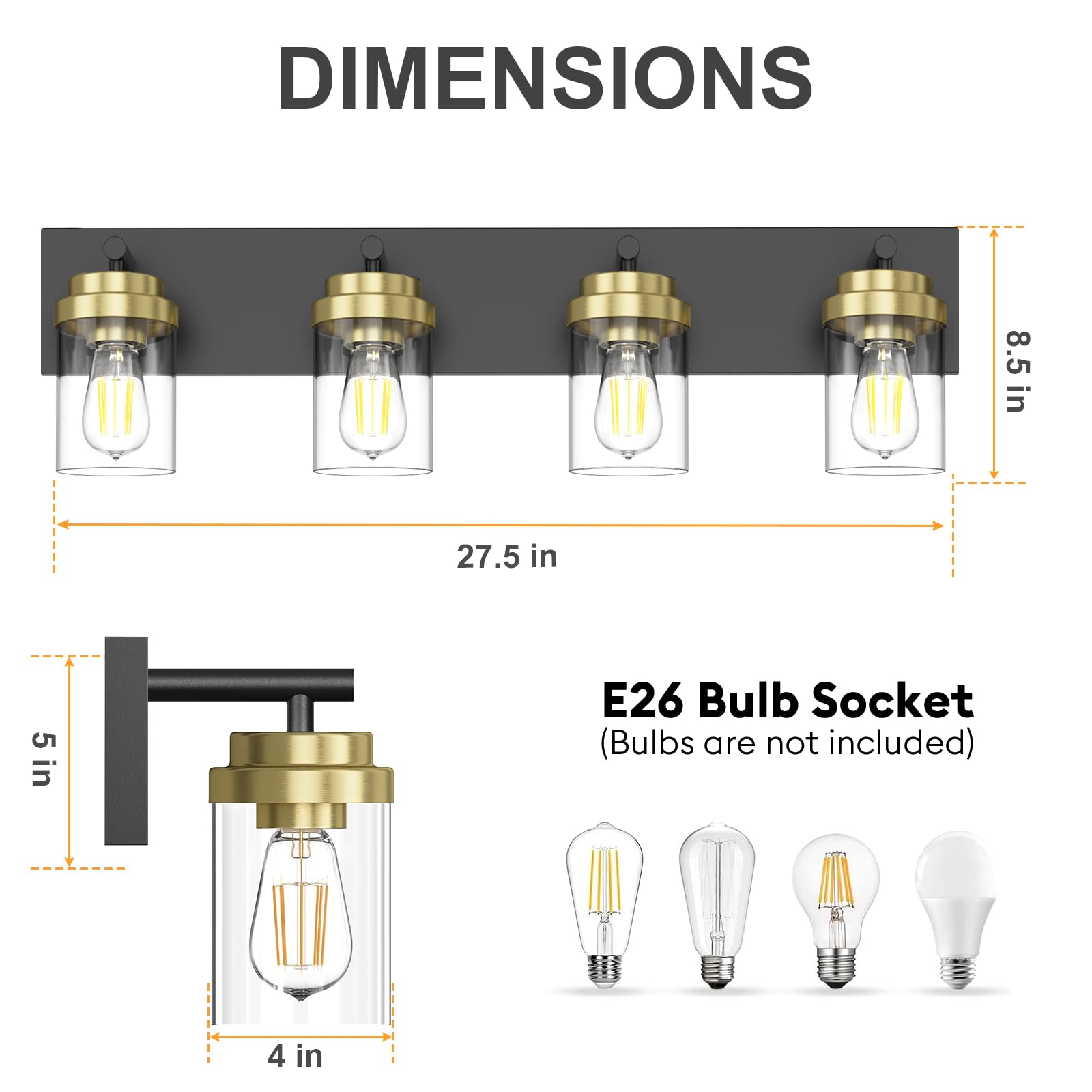 Izorro Bathroom Vanity Light Fixture  4-Light 27.5 Inch Black And Gold Bathroom Light Fixtures Over Mirror  With Clear Glass Shade  Modern Farmhouse Vanity Lights  Rustic Restroom Lighting Fixtures
