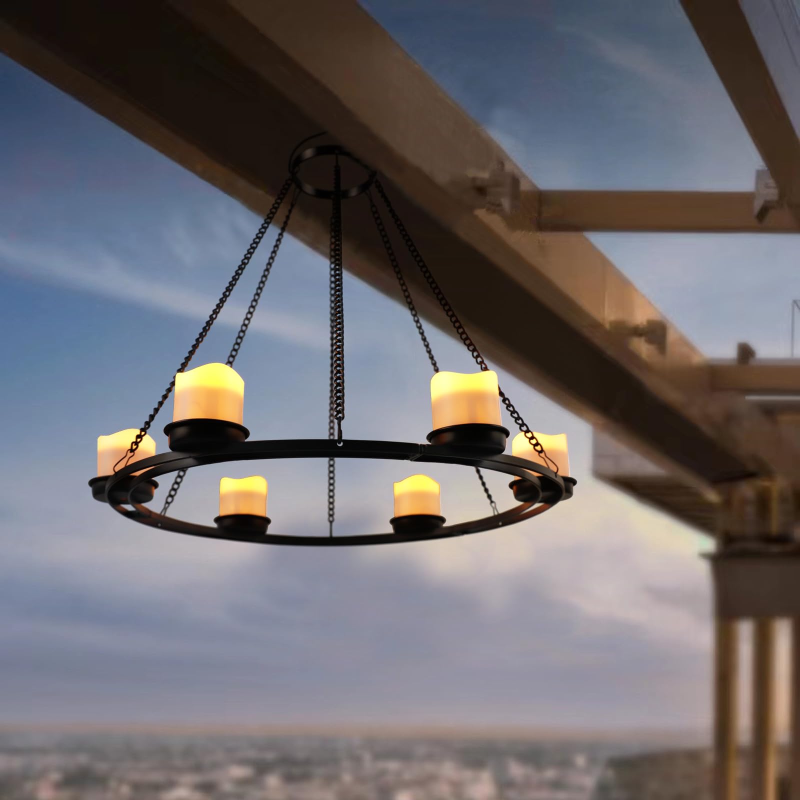 Outdoor Chandelier Solar, Hanging Candle Lantern with 7pcs Solar Powered Votive Lights in Matt Black Finished Metal Candle Holde