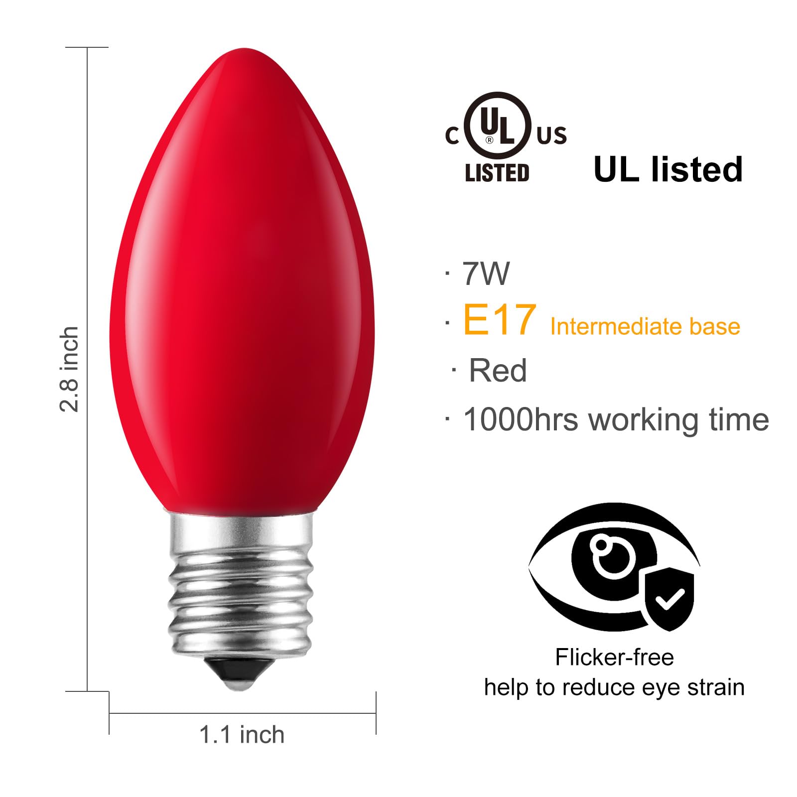 Brightown 25 Pack C9 Red Lights, C9 Replacement Light Bulb For Christmas Lighting, E17 Intermediate Base, 7 Watt