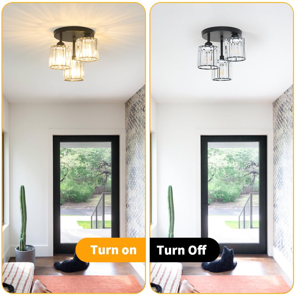 Crystal Semi Flush Mount Ceiling Light, 3-Light Modern Close To Ceiling Light Fixtures, Black Kitchen Light Fixtures With Clear