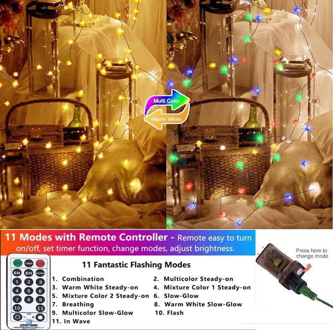 Decute 500LED Fairy String Lights, Warm White & Multicolor, Dimmable with Remote, Copper Wire, 164FT, UL Certified
