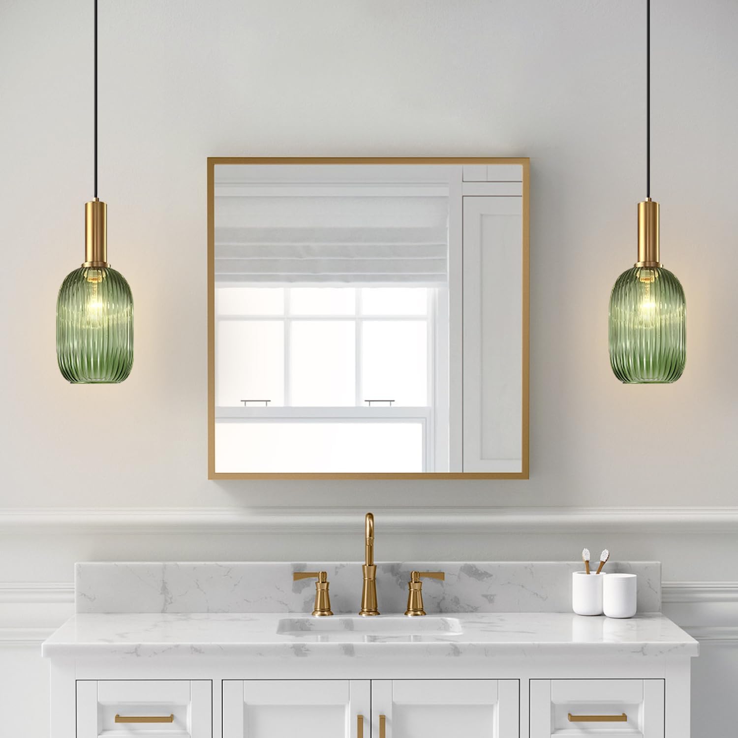 KCO Green Ribbed Glass Pendant Light, Antique Brass, 13cm, Model L1164-G, Mid Century Modern Hanging Fixture