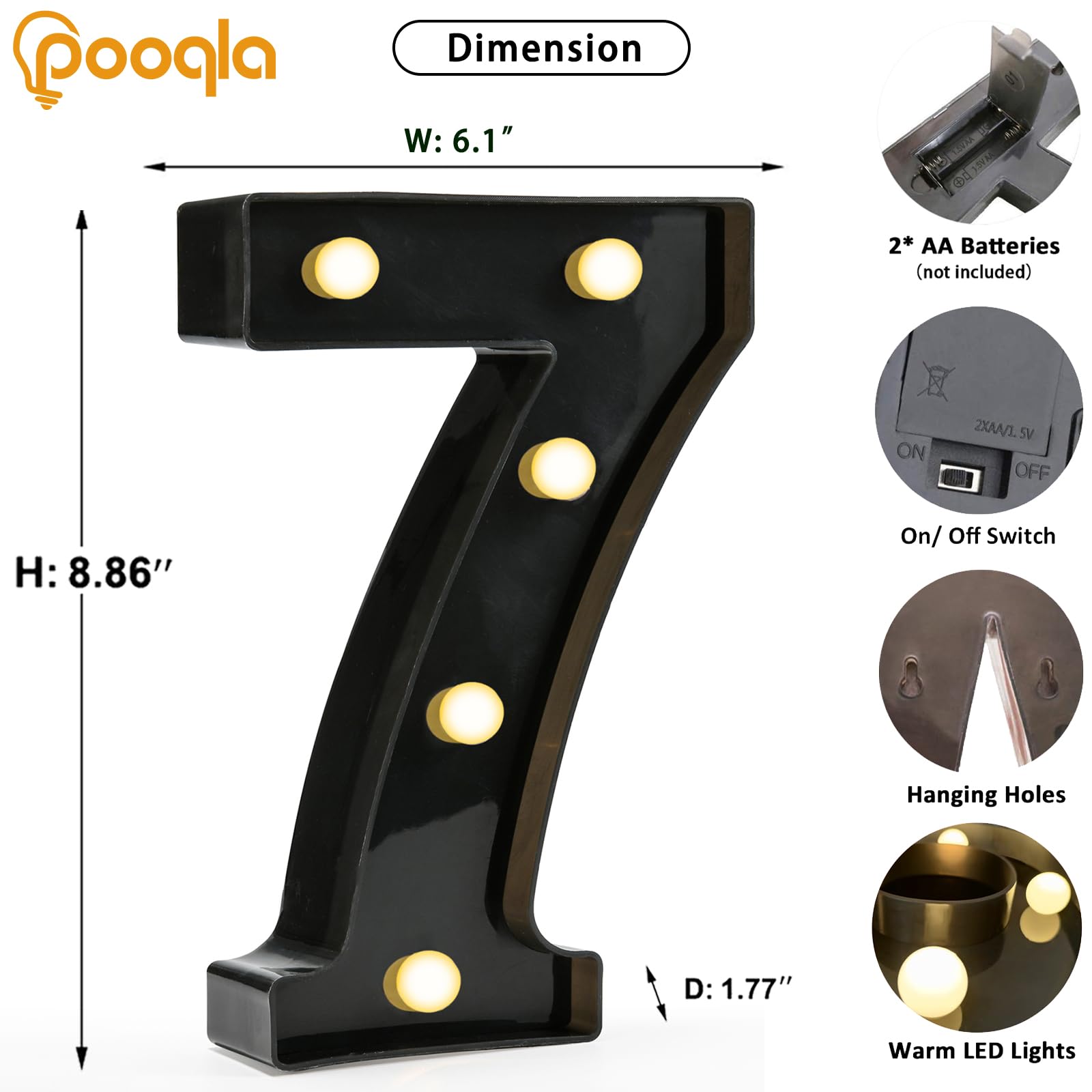 Pooqla Decorative Led Light Up Number Letters, Black Plastic Marquee Number Lights Sign For 7Th 17Th 70Th Birthday Party Wedding Decor Battery Operated Black Number 7