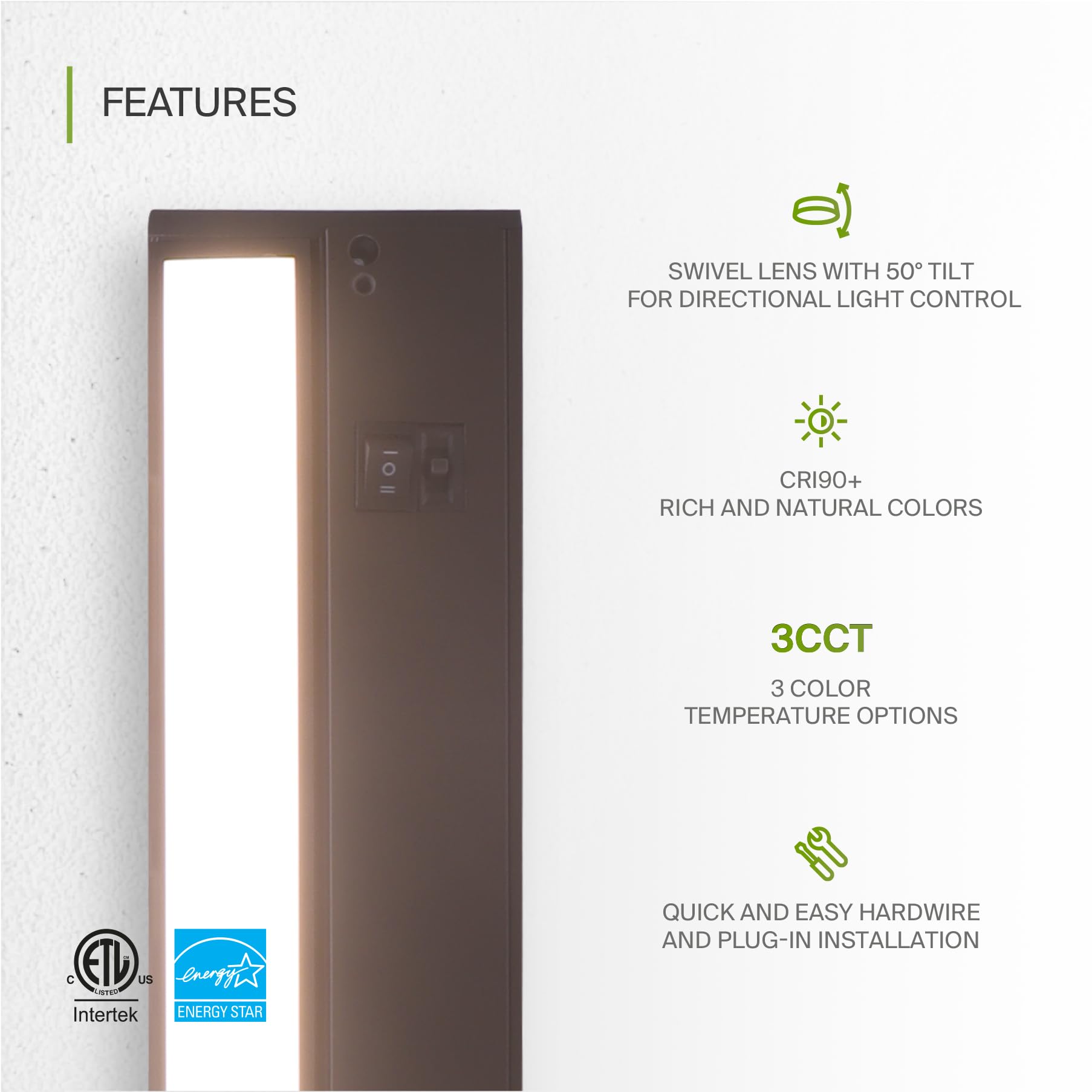Asd Swivel Led Under Cabinet Lighting Bronze, 12 Inch 5W, Hardwired Or Plug-In, 2700K/3000K/4000K, Hi/Low Switch, Rotatable Lens