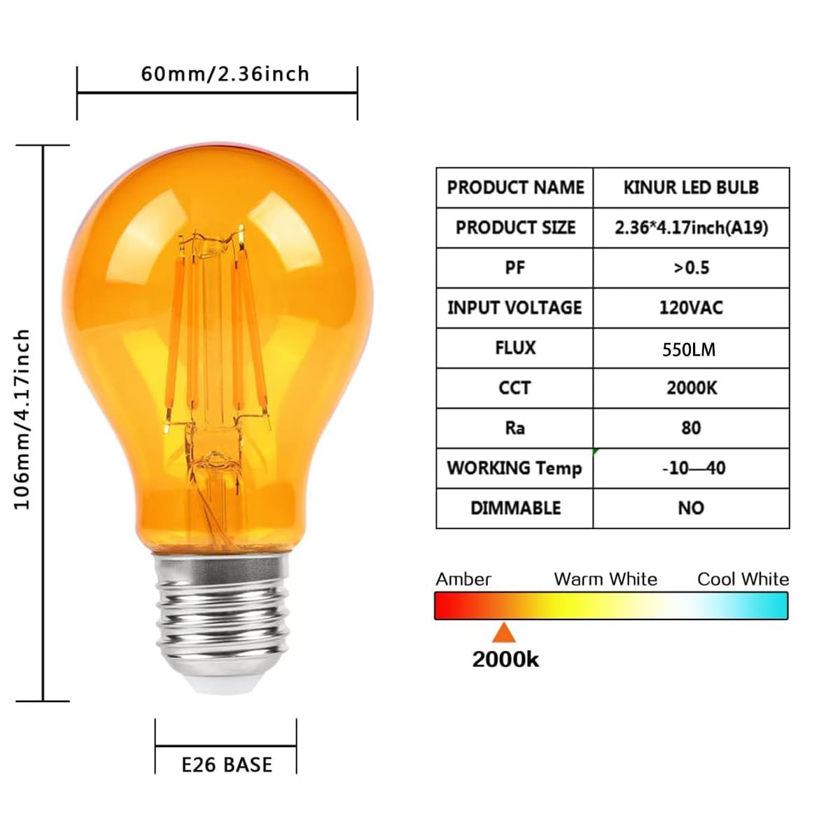 Kinur Led Edison Bulbs, 60 Watt Light Bulbs Replacement 6W 2000K E26 A19 Amber Soft Light Bulbs Warm Light Bulb For Bedroom, Hea