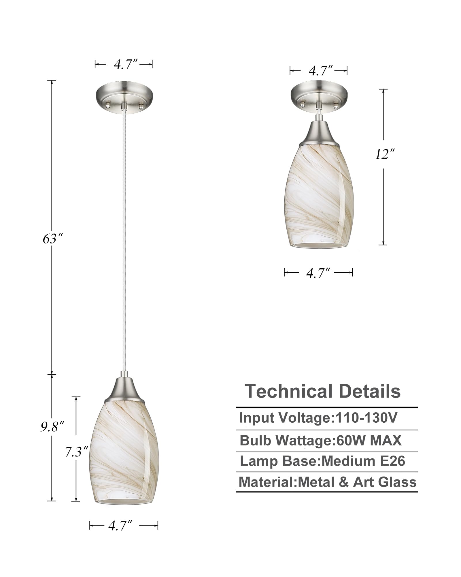 Karyfine Mini Pendant Lights Kitchen Island Beige Marble Glass Lamp Shade Hand Blown Glass Pendant Light With Brush Nickel Finis