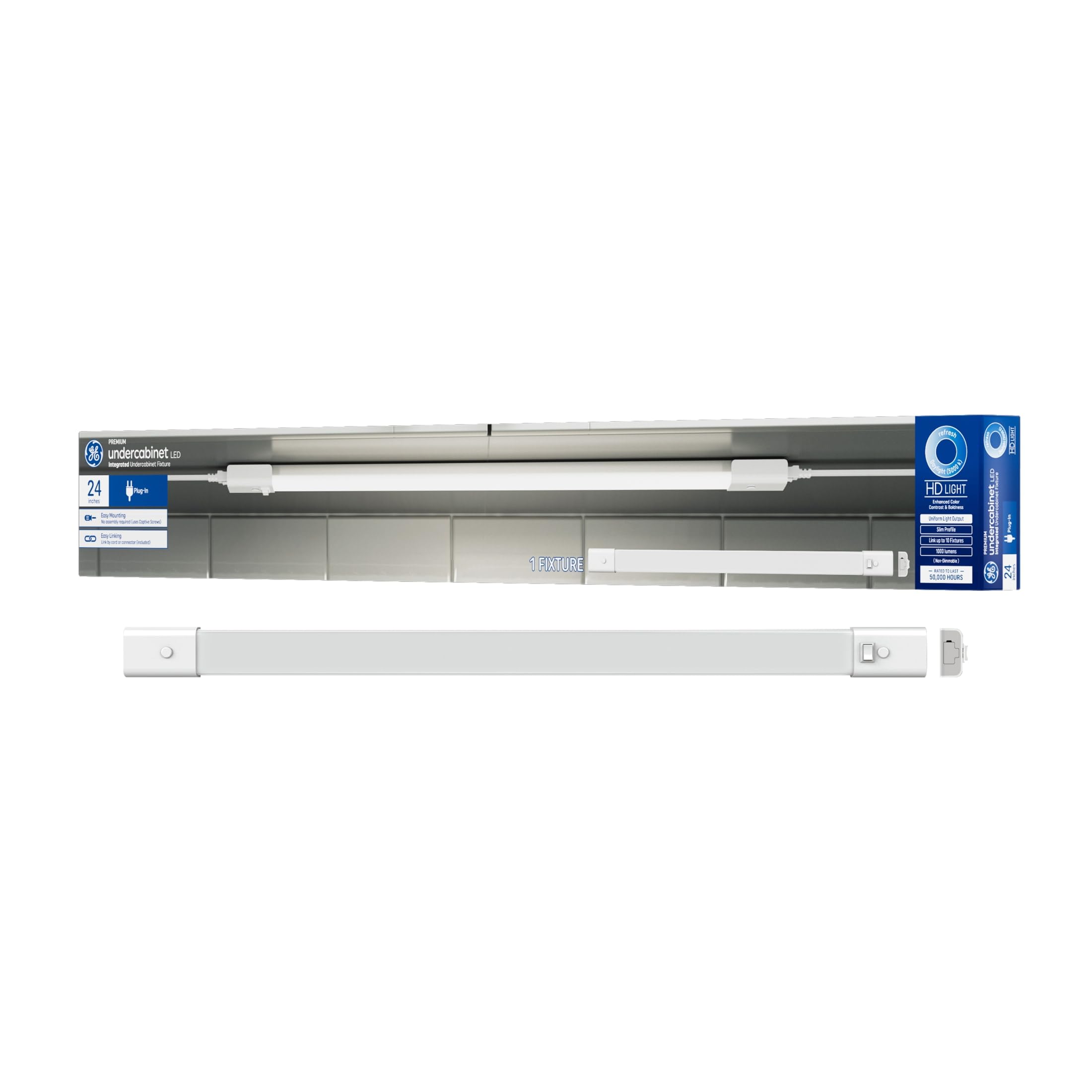 GE Undercabinet LED Light Fixture, 24 Inches, Daylight, Linkable, Integrated Plug-In, Model 93129102, Plastic
