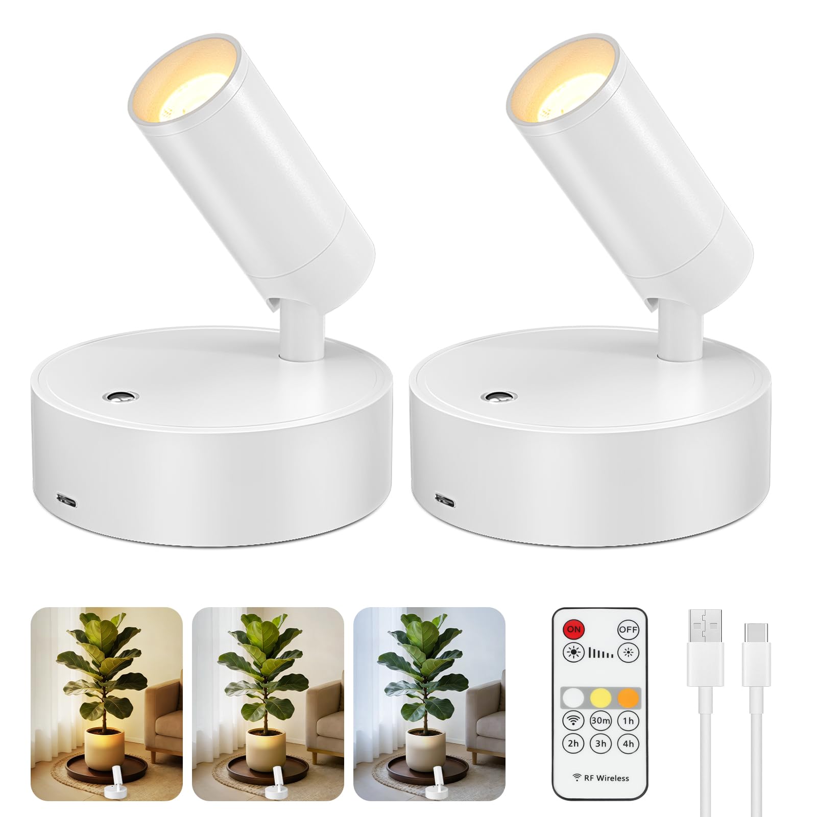 Kimjo Rechargeable Spot Lights for Plants  Wireless LED Spotlight  Uplighting Indoor with Remote and Dimmable  Accent Lighting for Picture  Battery Operated Wall Light with Metal Lampshade (2 Pack)