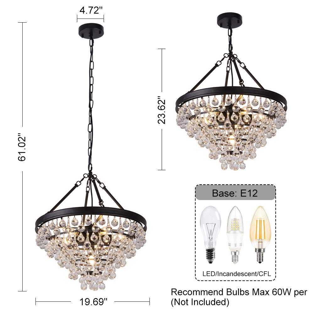 Wellmet Modern Crystal Chandeliers, 6 Lights Black Chandeliers for Dining Room, Farmhouse Ceiling Light Fixture for Foyer, Bedro