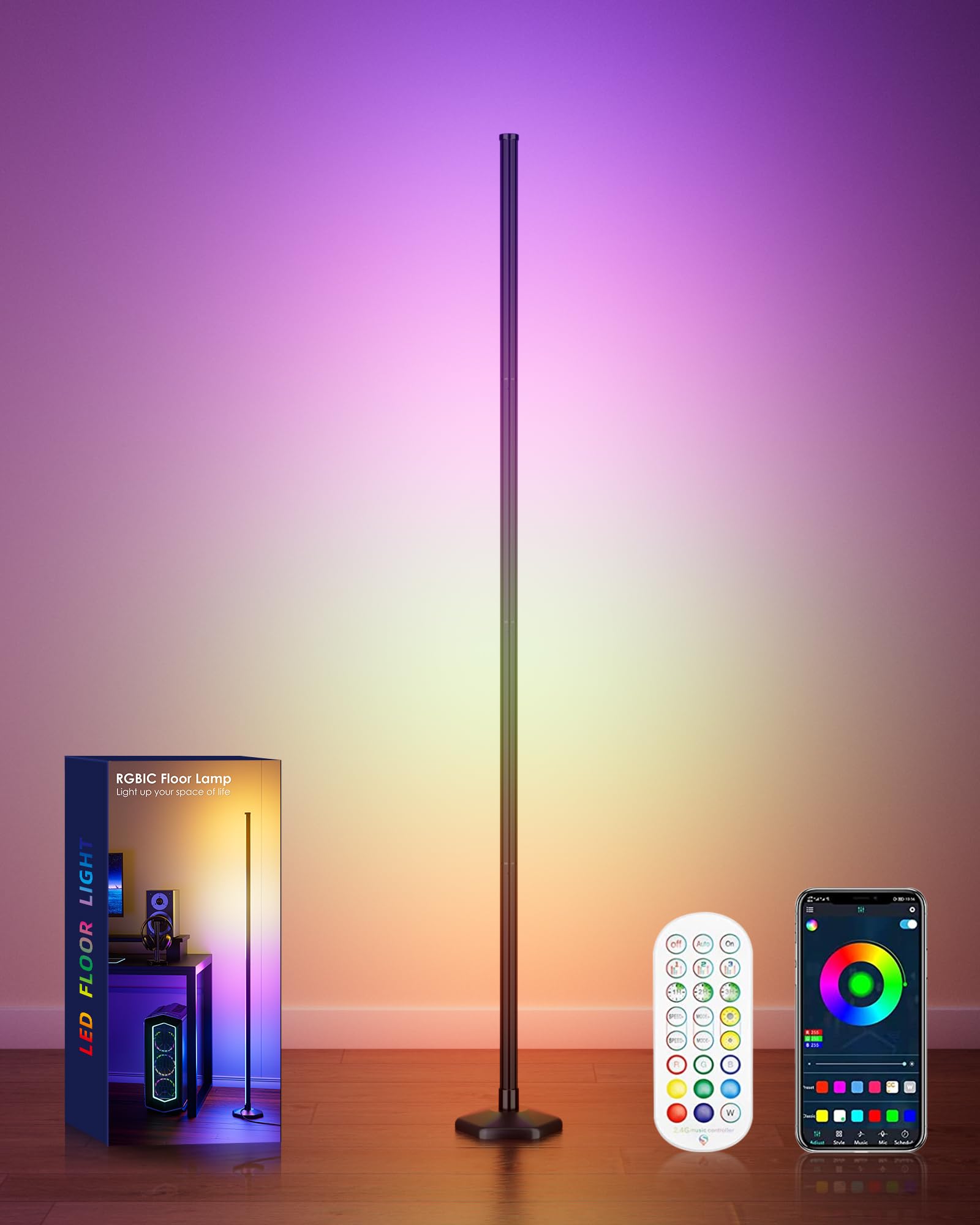 boostool RGB LED Corner Floor Lamp with Remote Control, 65in Color Changing Mood Light, Model QJD-SKS, 1-Pack