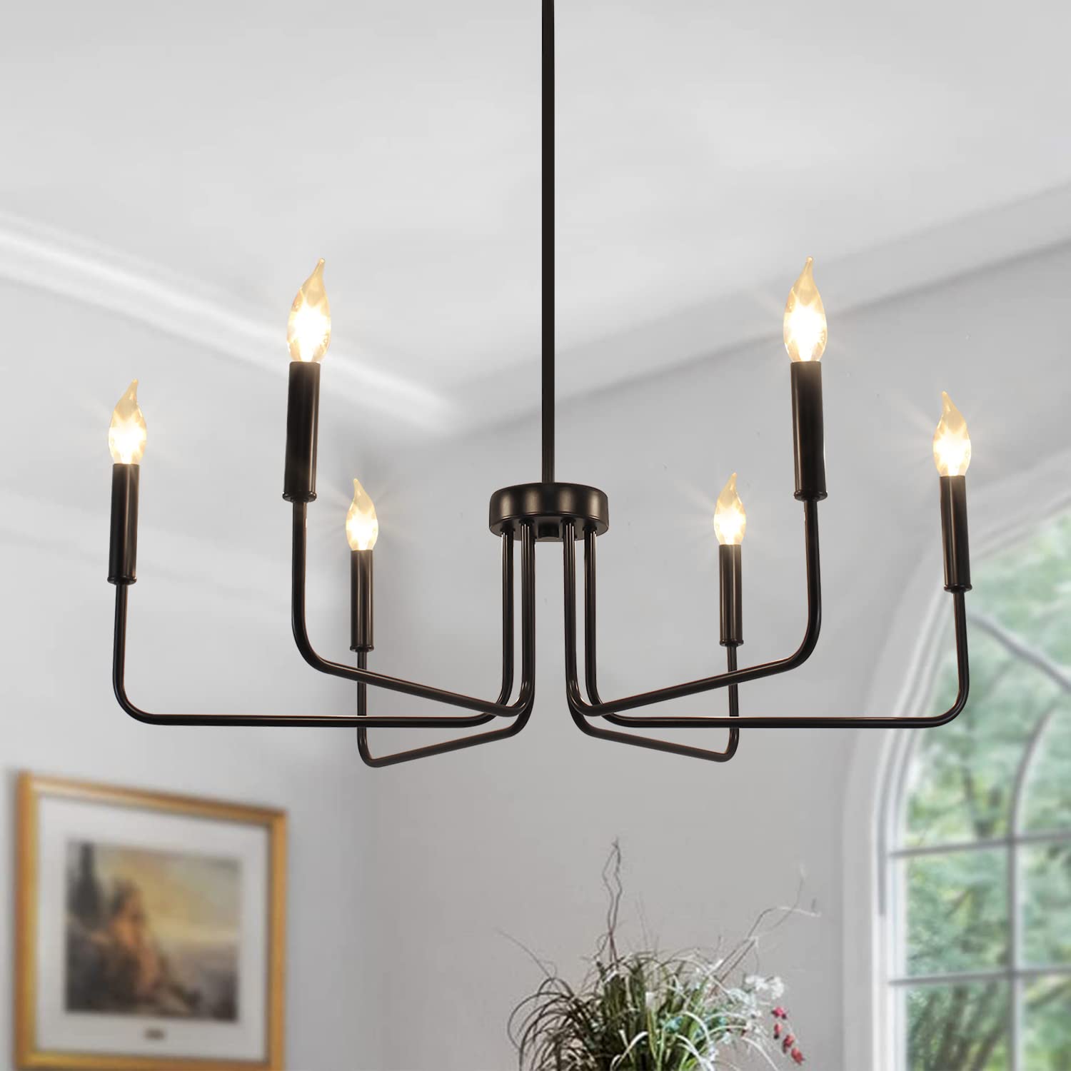 Rviezza 6 Light Black Chandelier Modern Farmhouse Chandelier For Dining Room Lighting Fixtures Hanging, Rustic Industrial Candle Chandeliers For Foyer Kitchen Living Room Bedroom