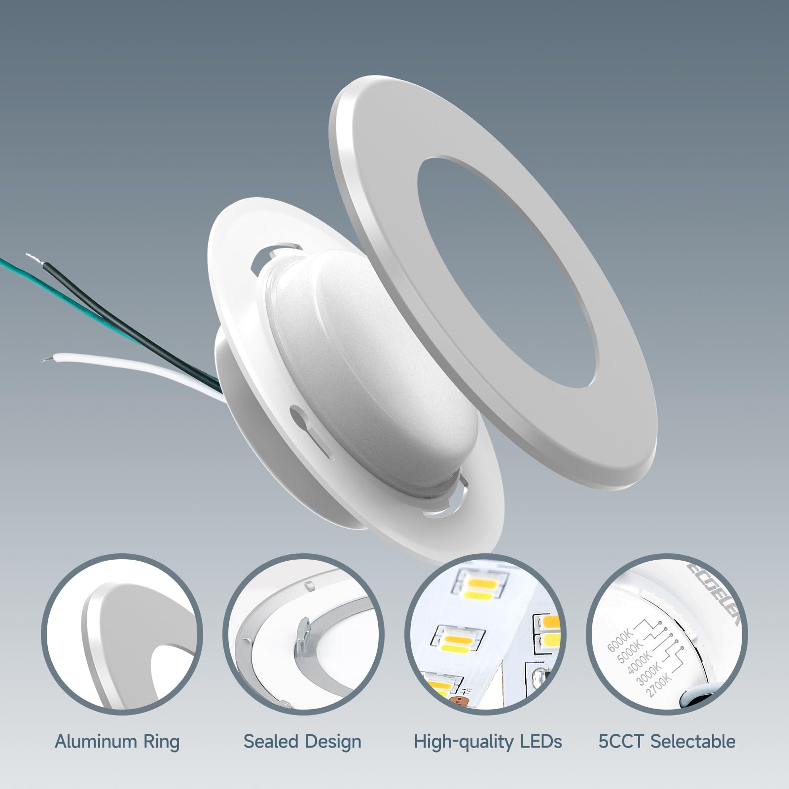 Ecoeler 5Inch Silver Led Flush Mount Ceiling Downlight, 2700K/3000K/4000K/5000K/6000K Selectable, Dimmable Surface Mounted Light