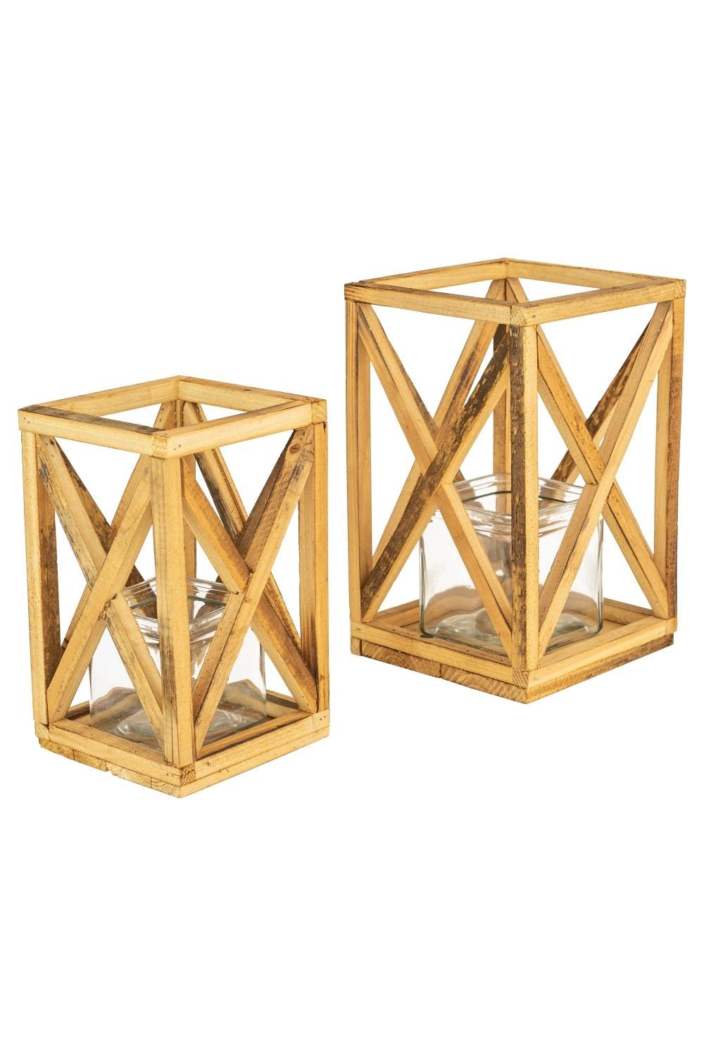 SET OF TWO RECYCLED WOODEN LANTERNS WITH GLASS INSERT