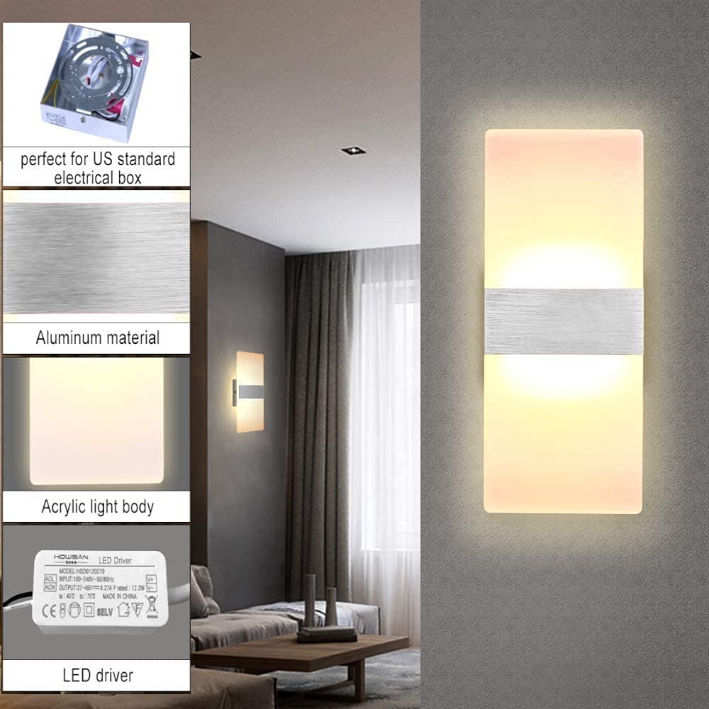 Lightess Modern Wall Sconce 12W Dimmable LED Acrylic Up Down Lamp Warm White HS521-2