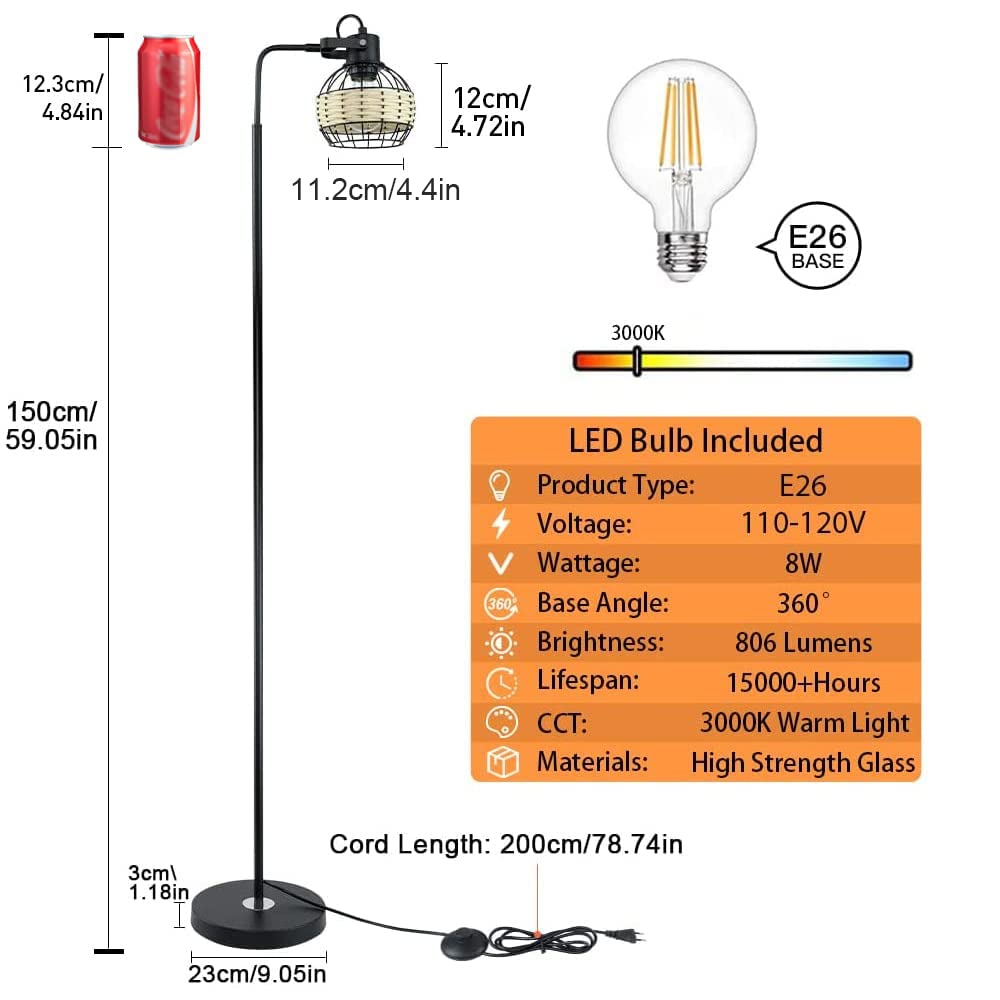 DINGLILIGHTING DLLT LED Floor Lamp, Adjustable Head, Rattan 1 Light, Metal Base, Model WS-MNF29-60B
